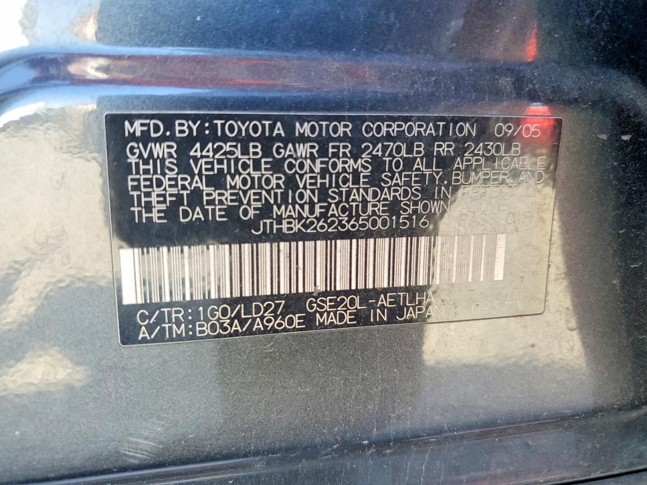 2006 Lexus Is 250 Black vin: JTHBK262365001516