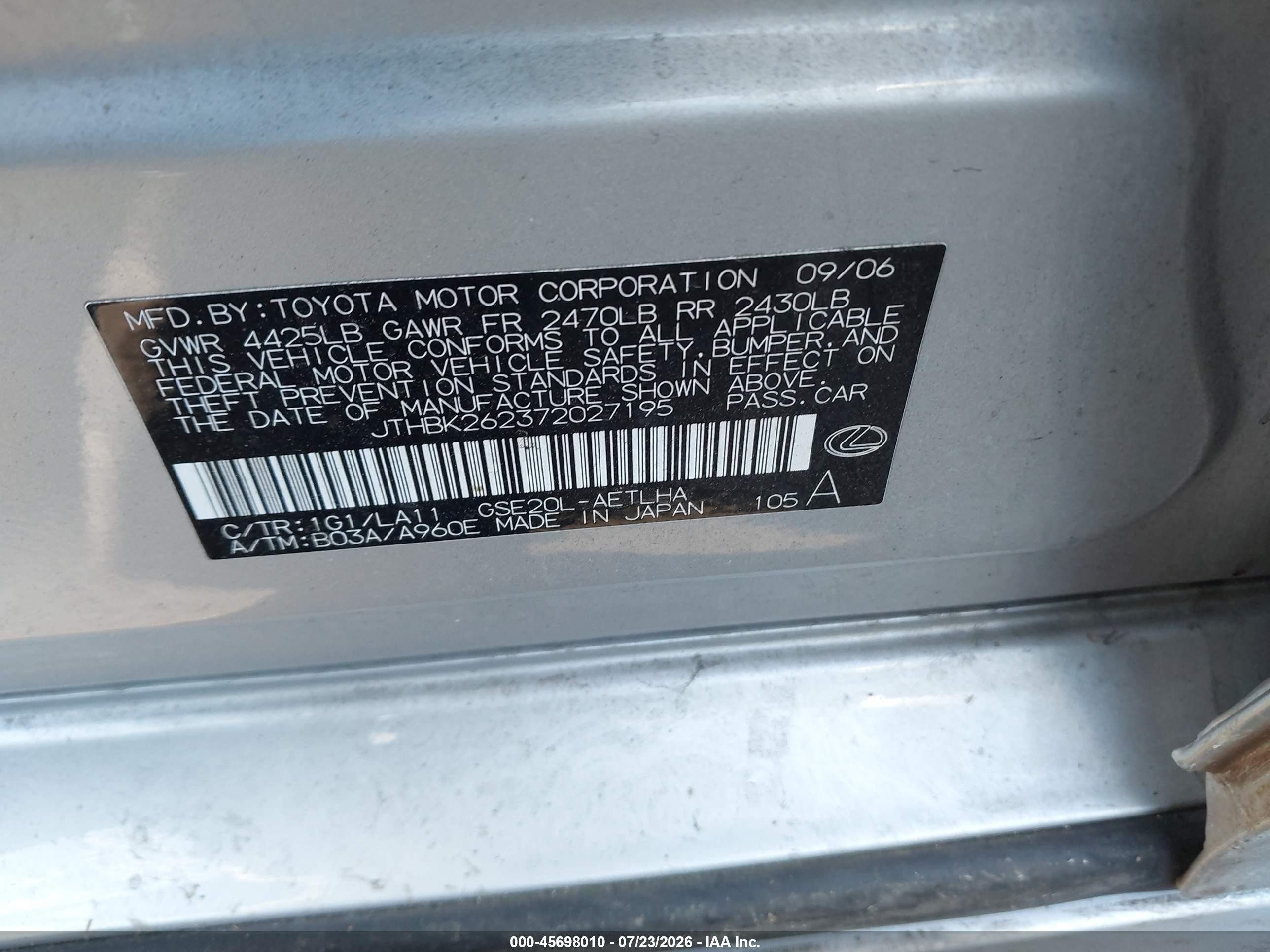 2007 Lexus Is 250   Silver vin: JTHBK262372027195