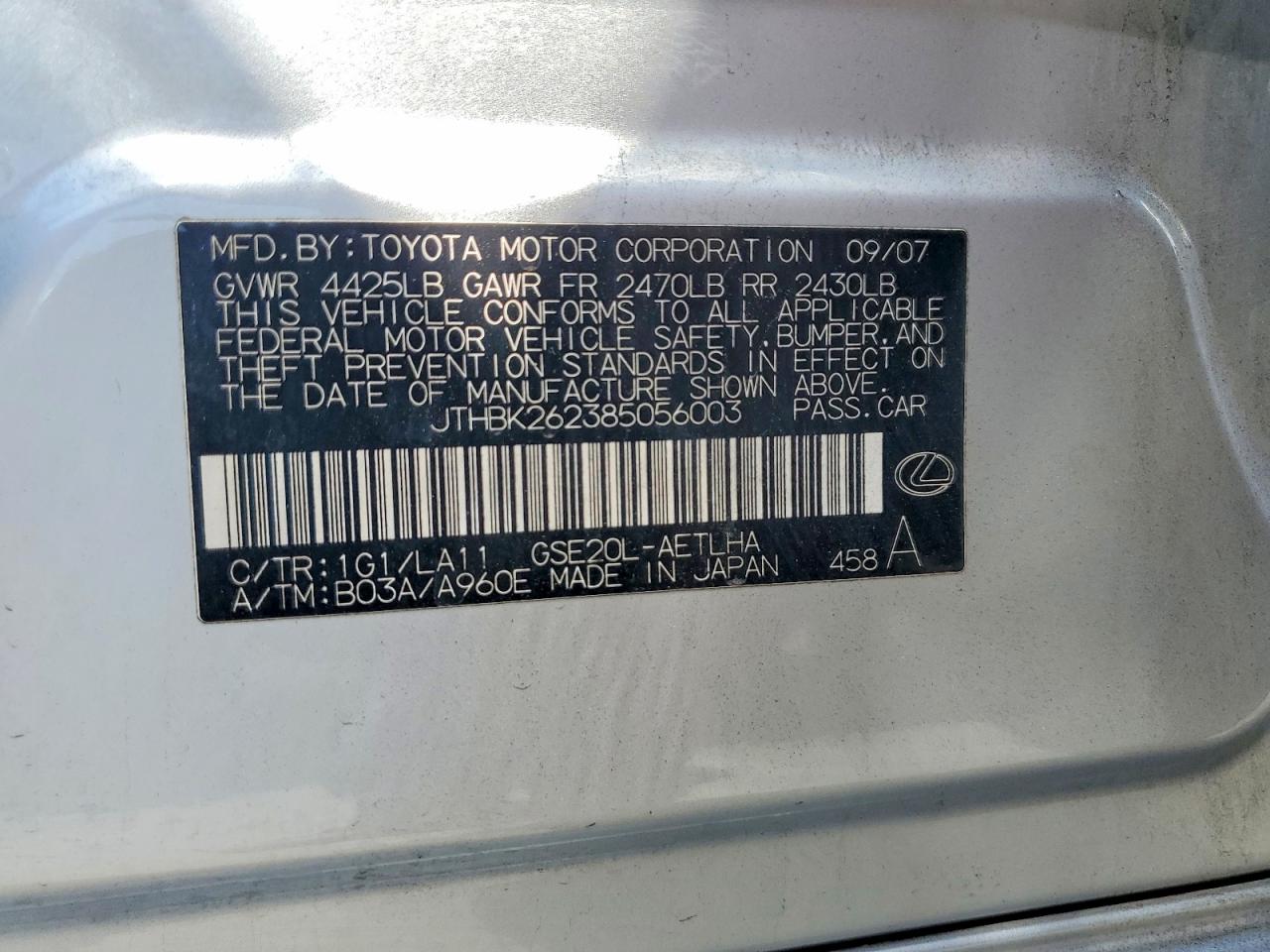 2008 Lexus Is 250 Silver vin: JTHBK262385056003