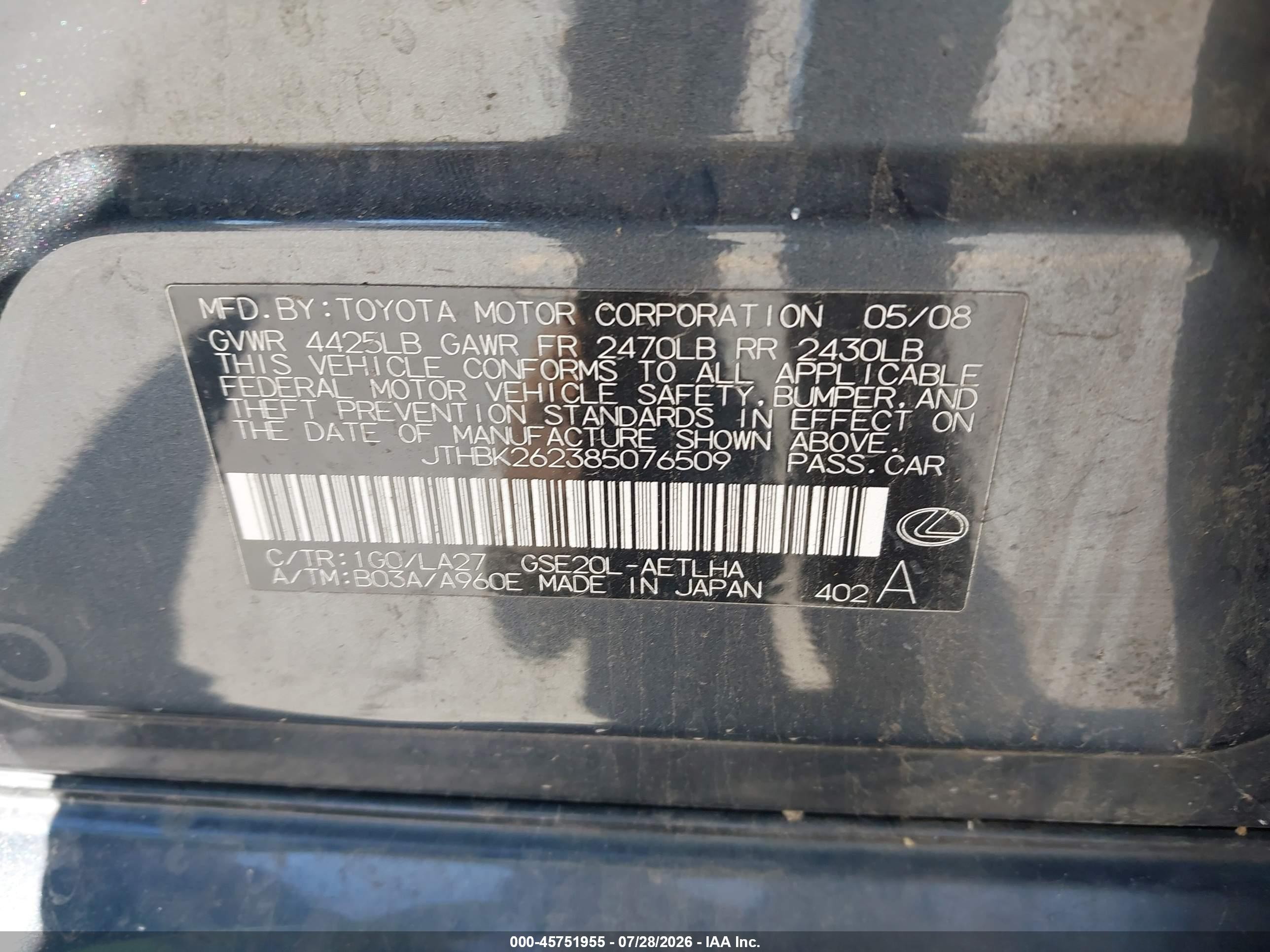 2008 Lexus Is 250   Gray vin: JTHBK262385076509