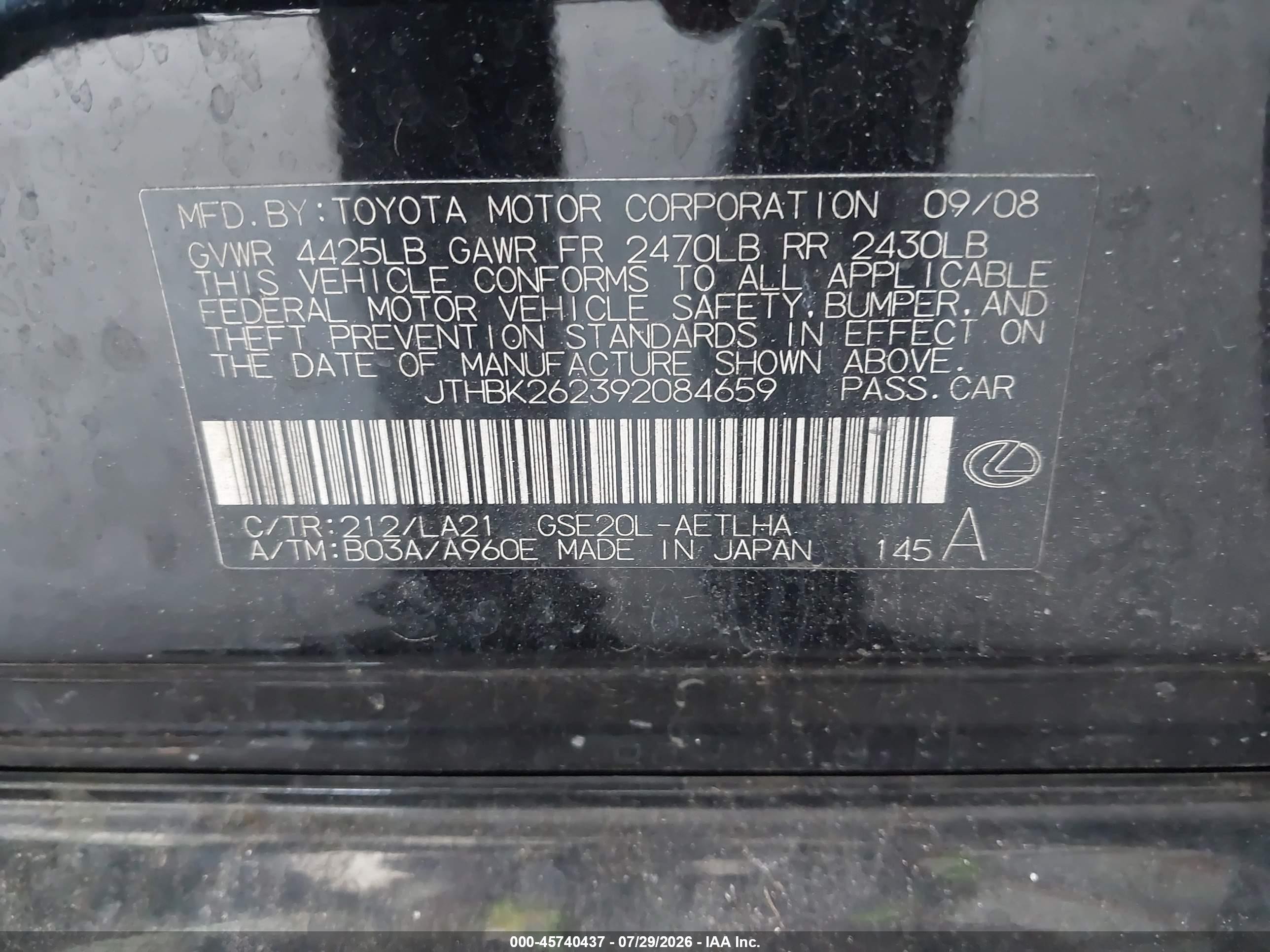 2009 Lexus Is 250   Black vin: JTHBK262392084659