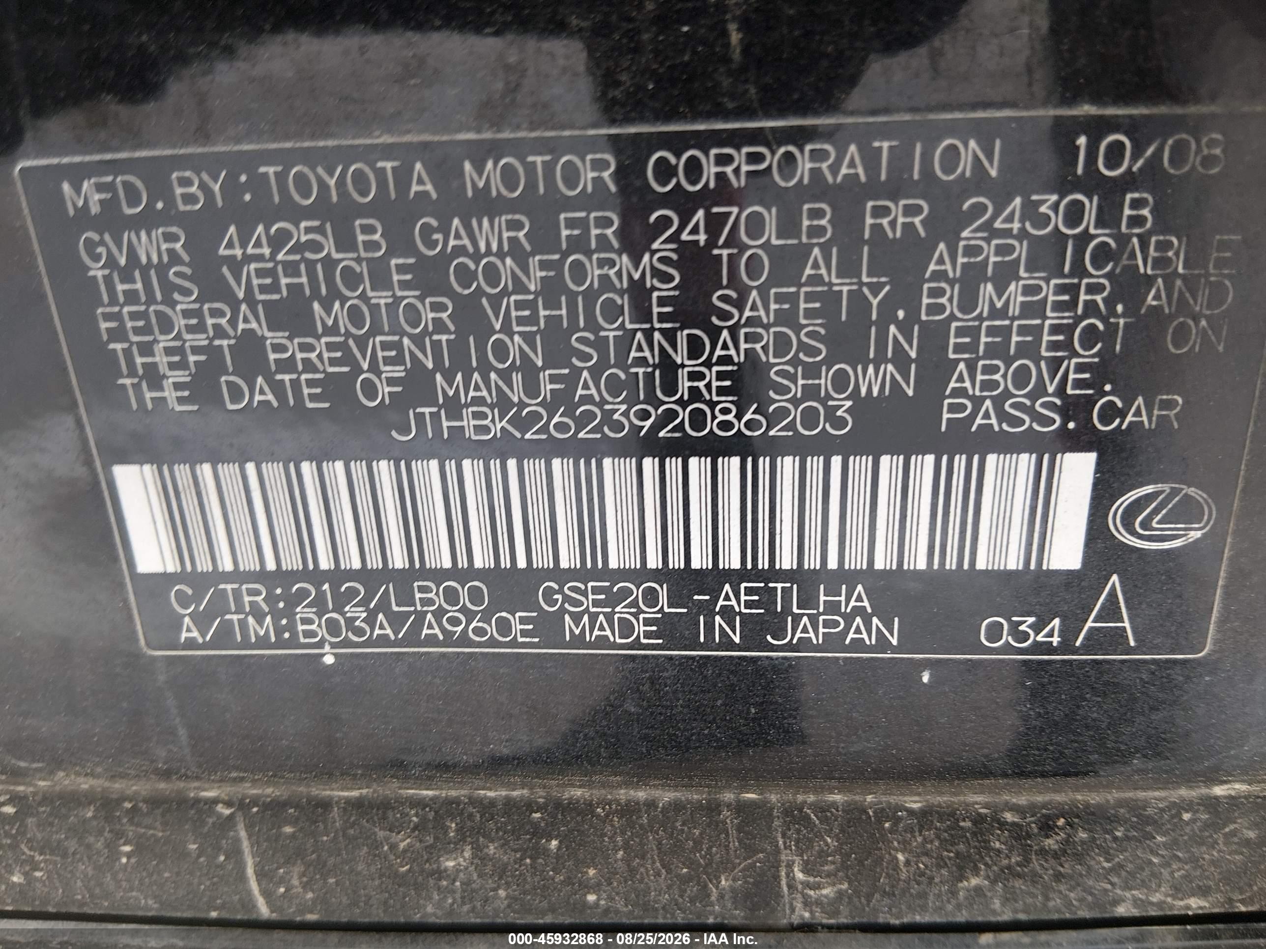2009 Lexus Is 250 Black vin: JTHBK262392086203