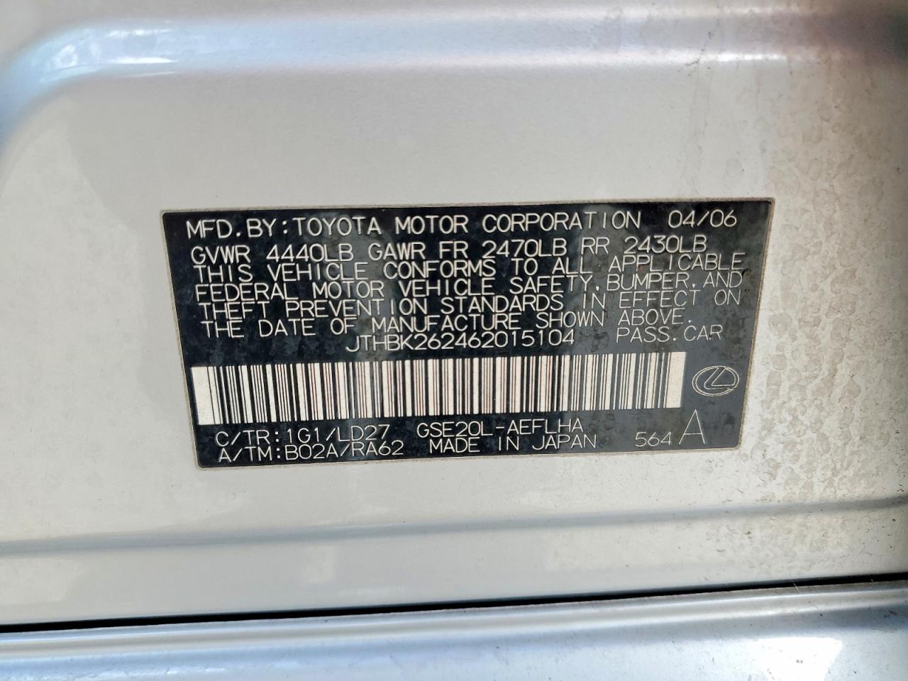 2006 Lexus Is 250 Base Silver vin: JTHBK262462015104