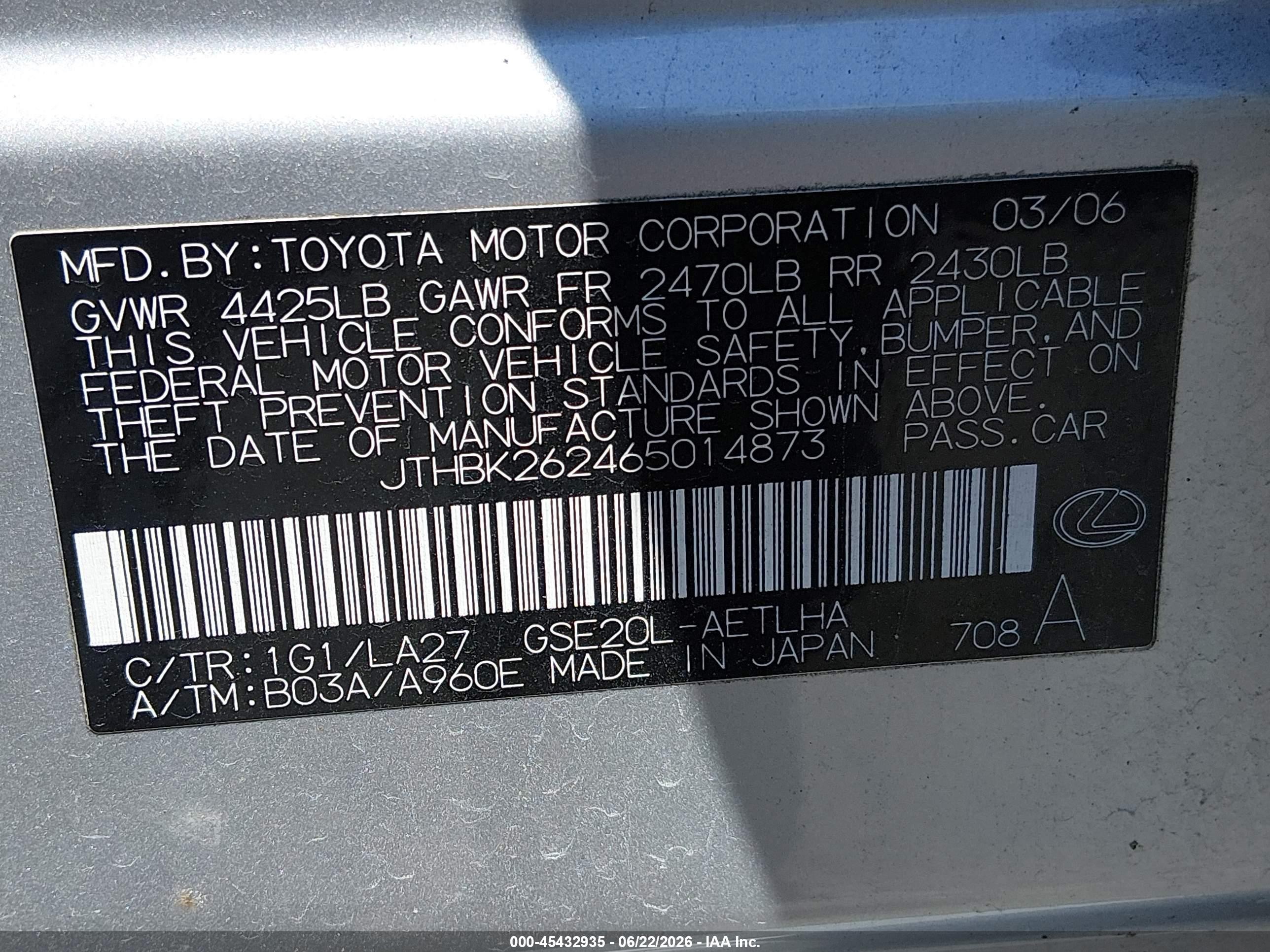 2006 Lexus Is 250 Silver vin: JTHBK262465014873