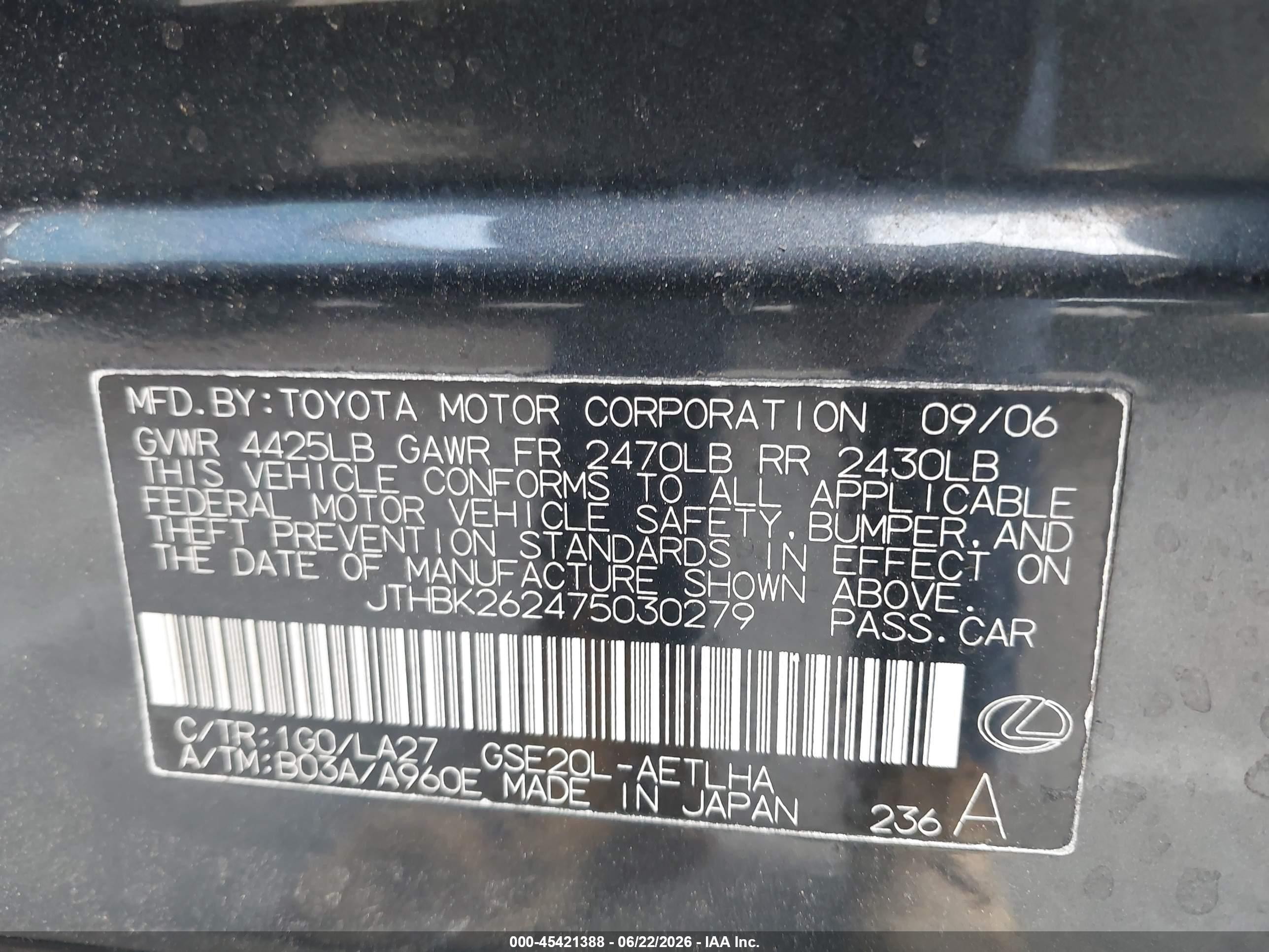 2007 Lexus Is 250   Black vin: JTHBK262475030279
