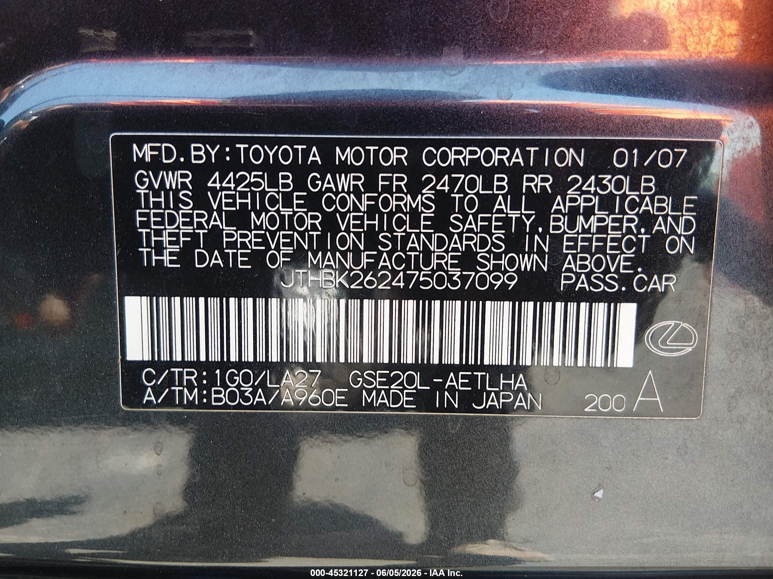 2007 Lexus Is 250   Black vin: JTHBK262475037099