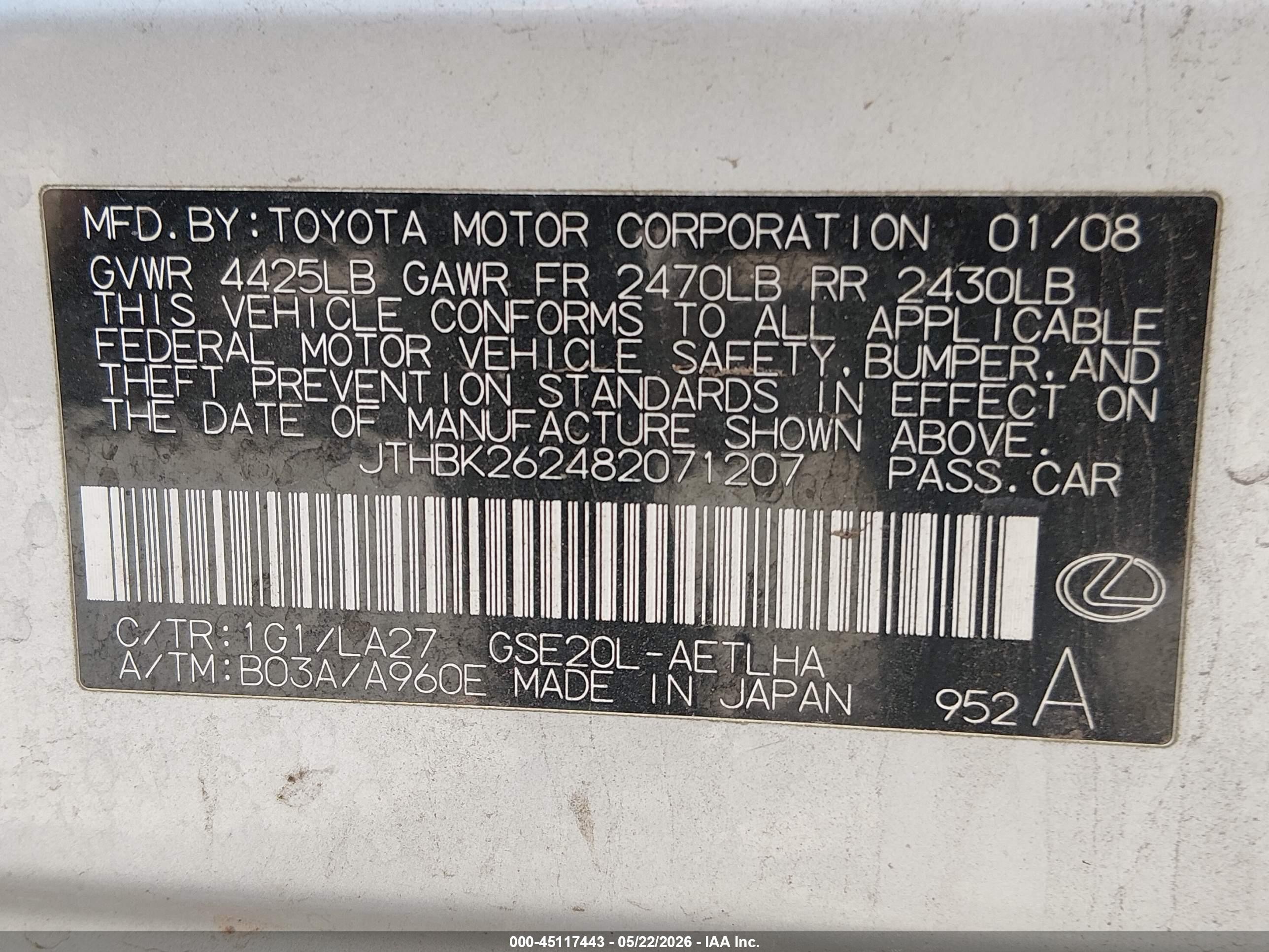 2008 Lexus Is 250   Silver vin: JTHBK262482071207