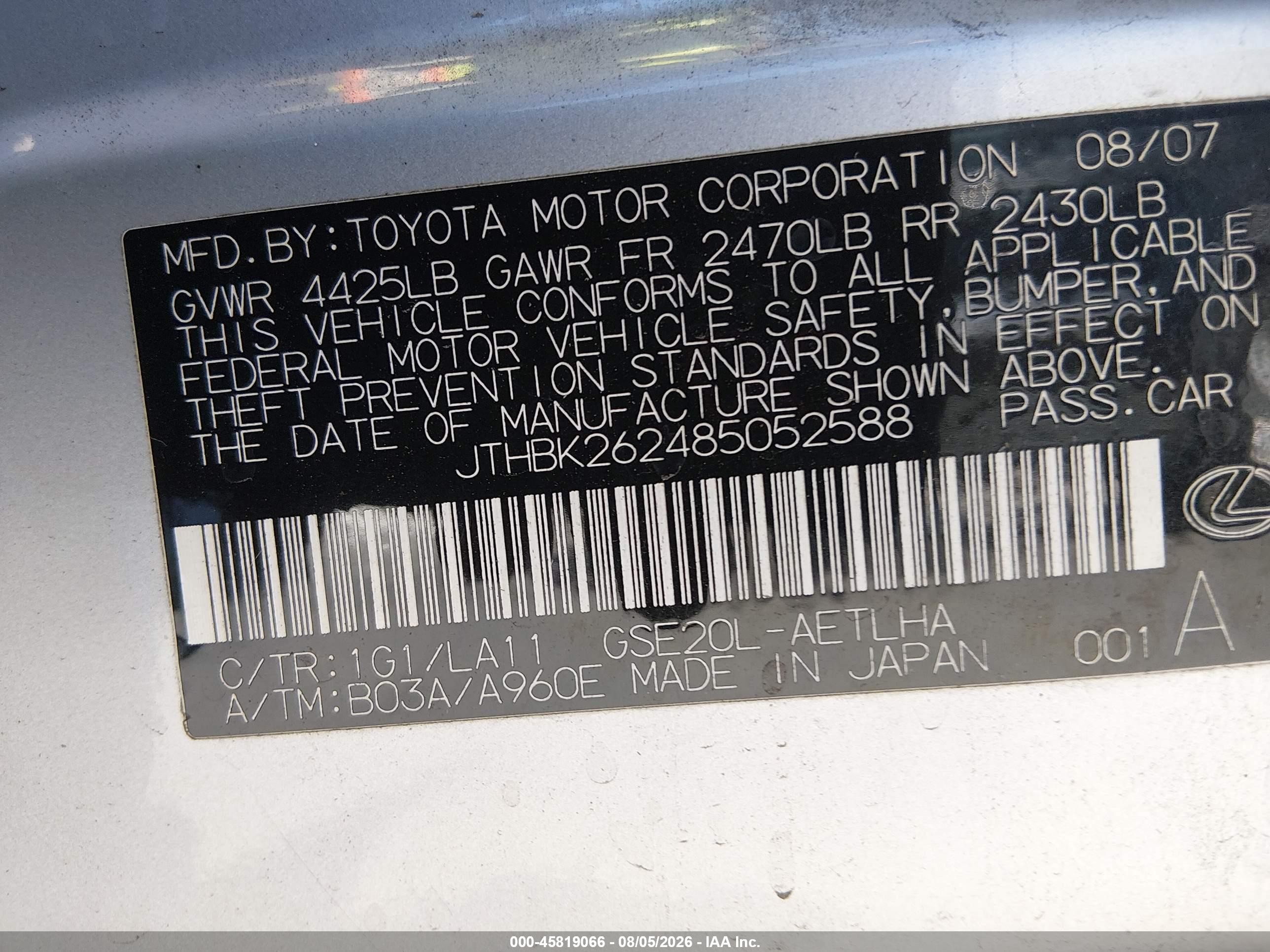 2008 Lexus Is 250   Silver vin: JTHBK262485052588