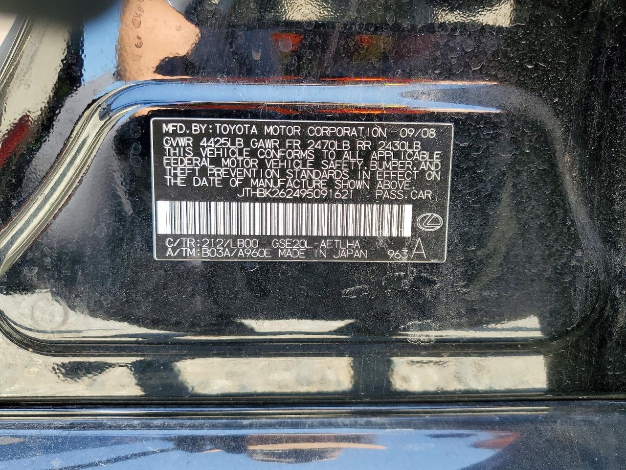 2009 Lexus Is 250 Black vin: JTHBK262495091621