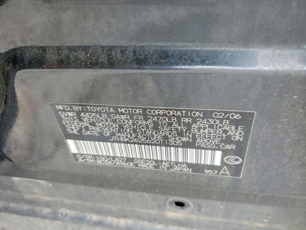 2006 Lexus Is 250 Gray vin: JTHBK262562011305