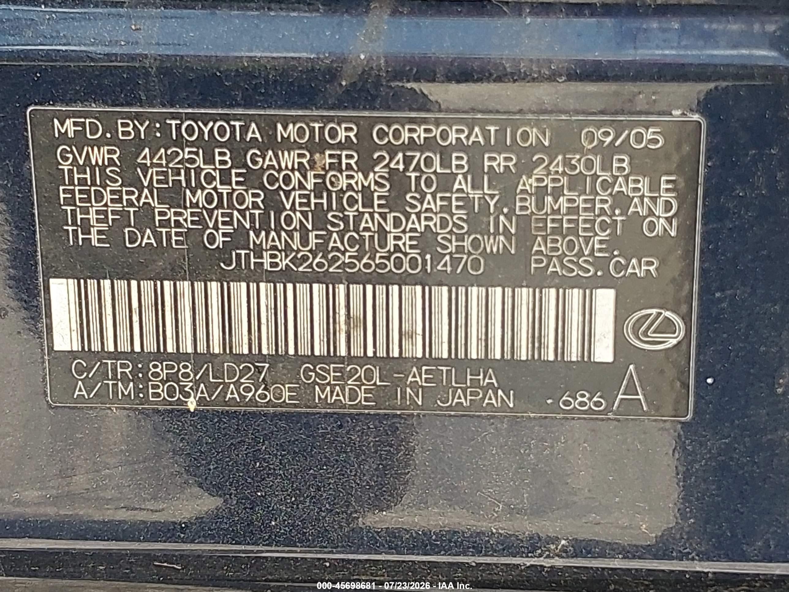 2006 Lexus Is 250   Blue vin: JTHBK262565001470