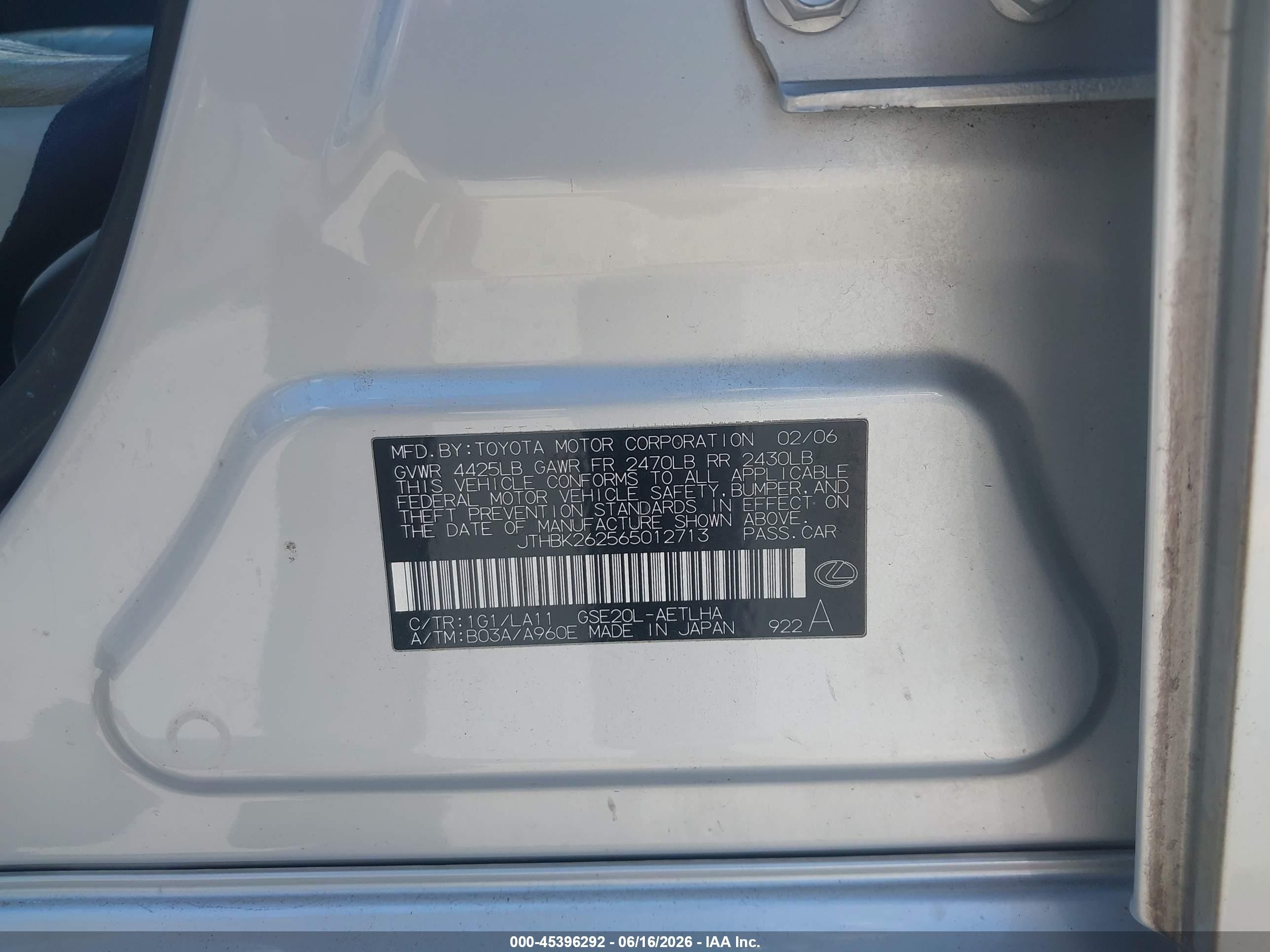 2006 Lexus Is 250   Silver vin: JTHBK262565012713