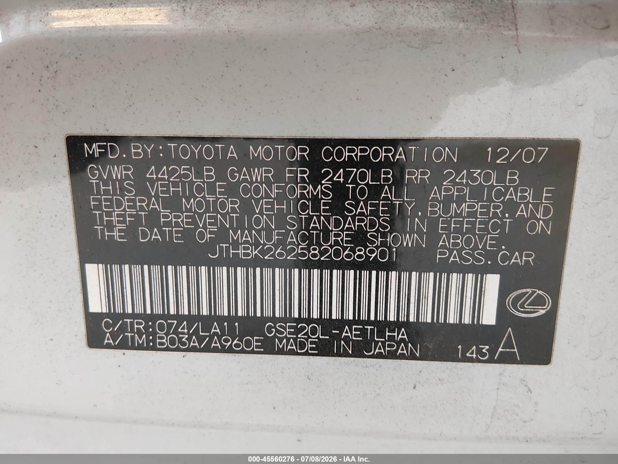 2008 Lexus Is 250   White vin: JTHBK262582068901