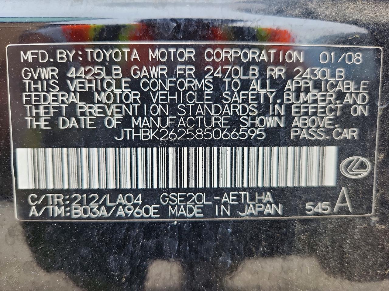 2008 Lexus Is 250 Black vin: JTHBK262585066595