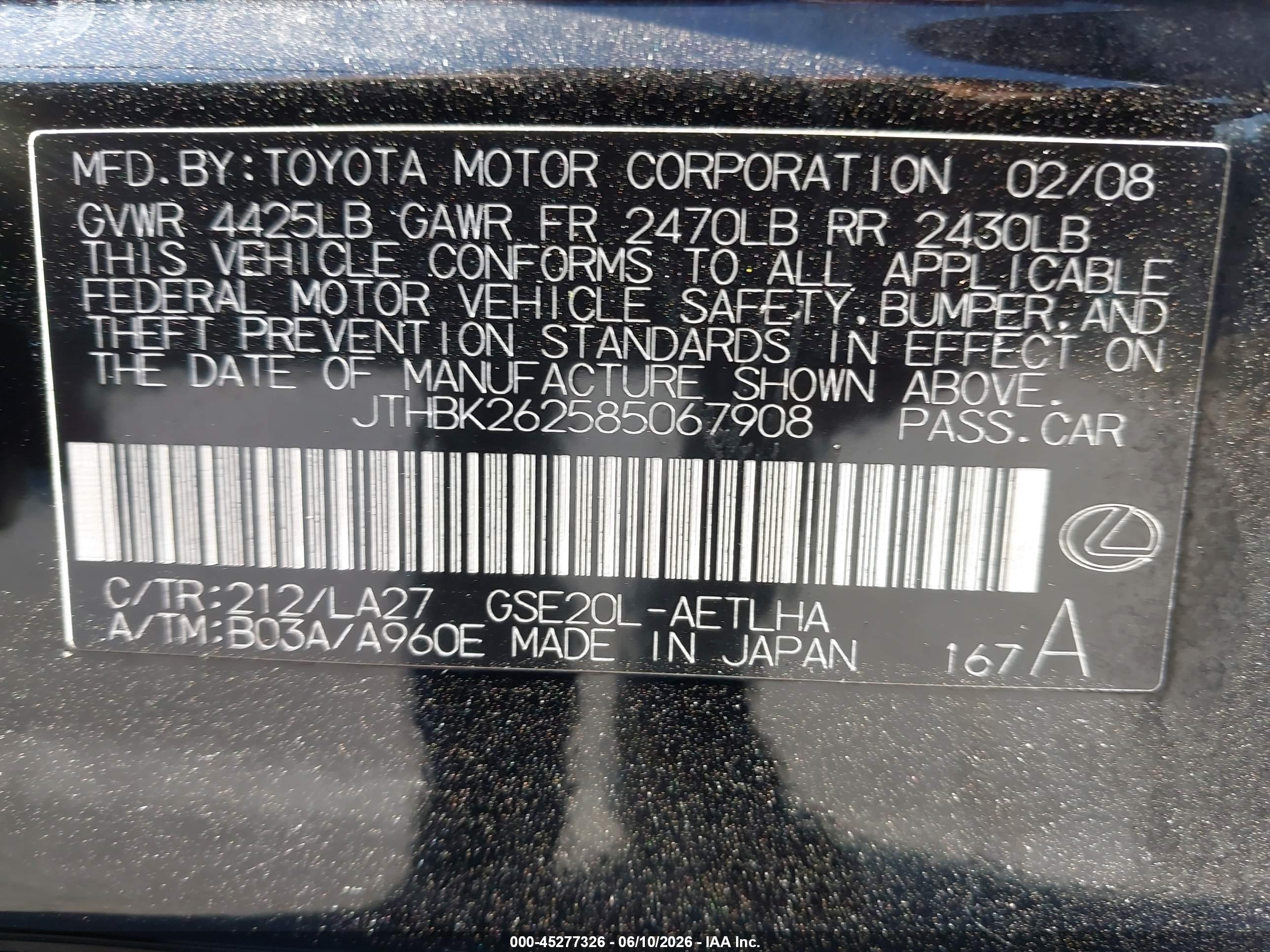 2008 Lexus Is 250 Black vin: JTHBK262585067908