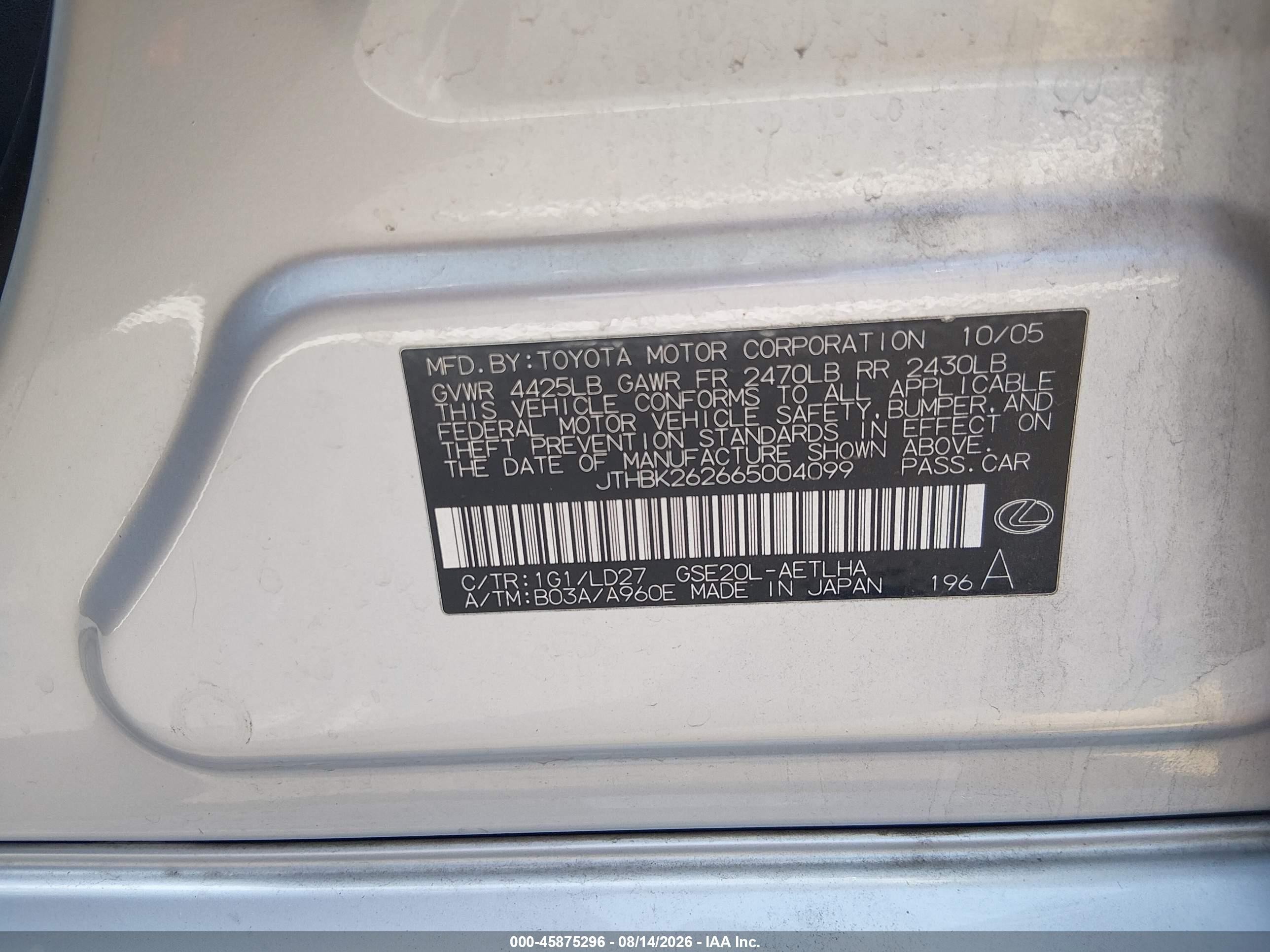 2006 Lexus Is 250 Silver vin: JTHBK262665004099
