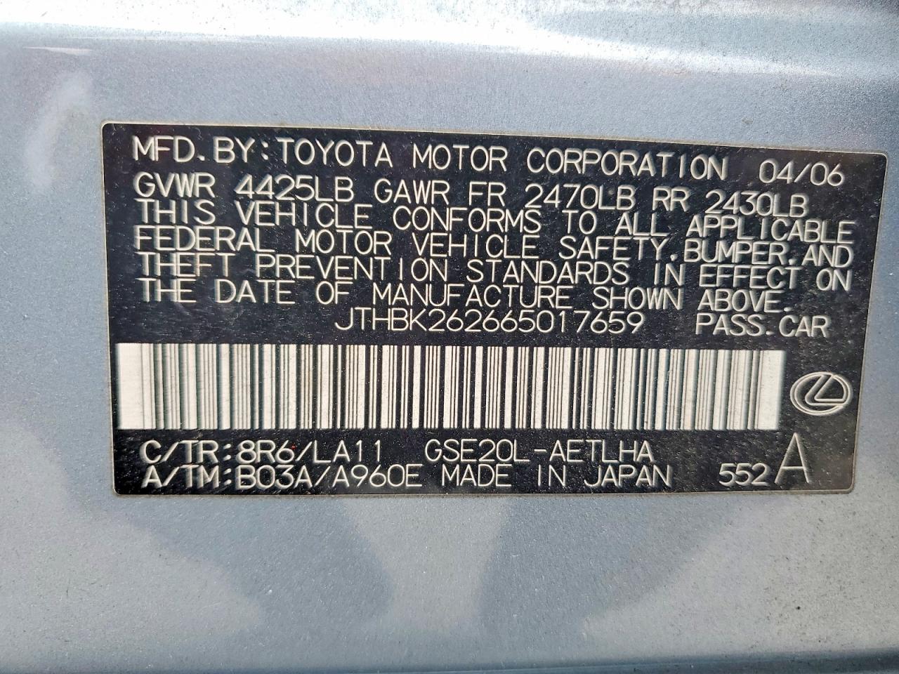 2006 Lexus Is 250 Silver vin: JTHBK262665017659