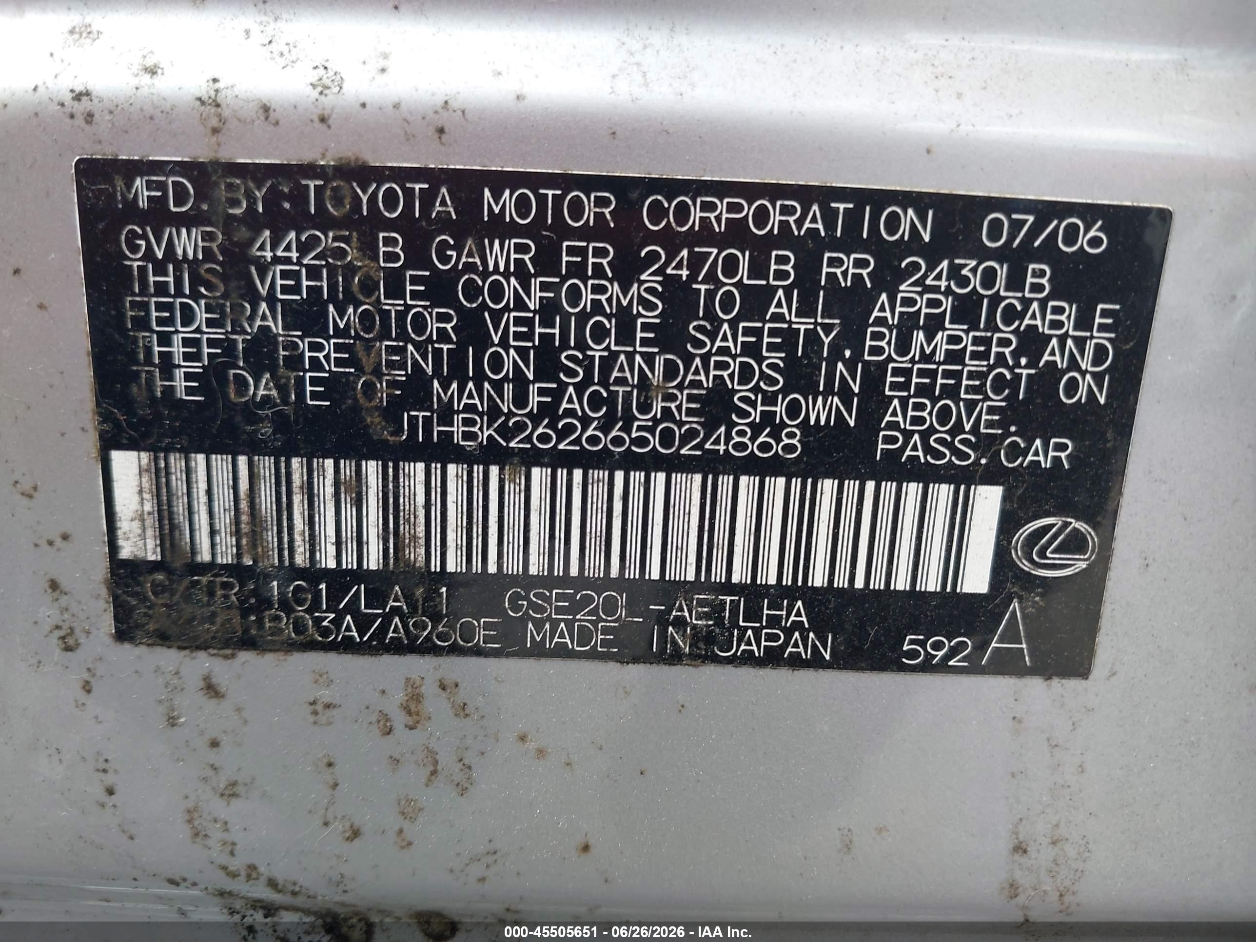 2006 Lexus Is 250   Silver vin: JTHBK262665024868