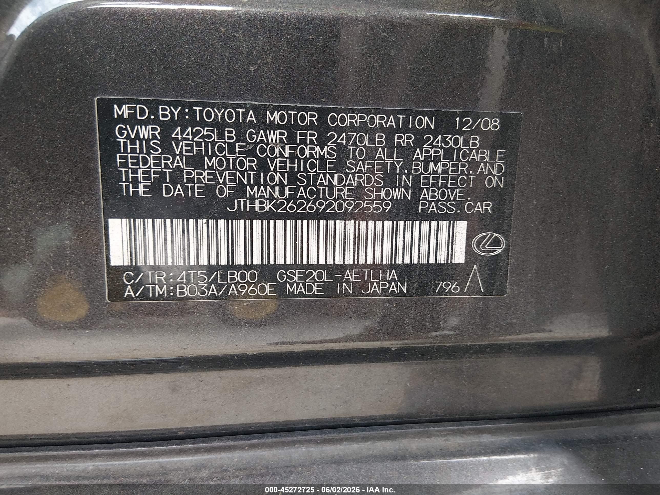 2009 Lexus Is 250 Gray vin: JTHBK262692092559