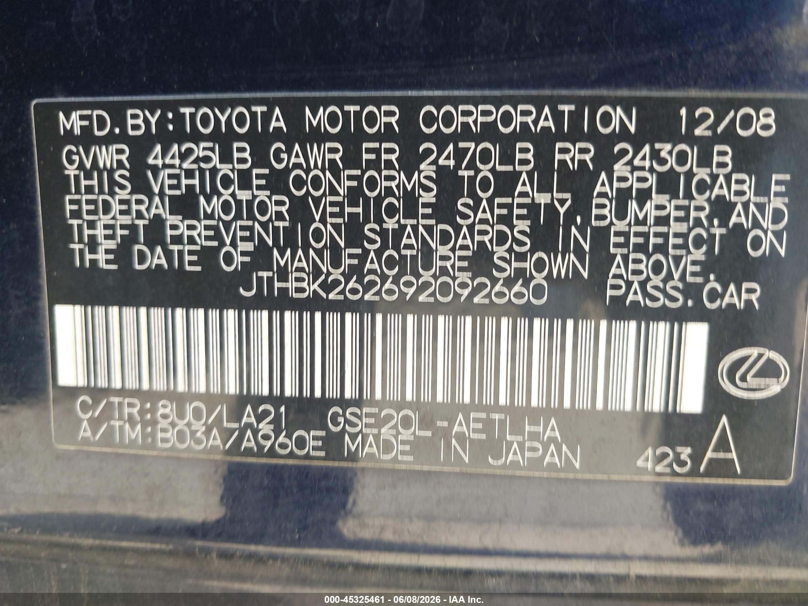 2009 Lexus Is 250   Black vin: JTHBK262692092660