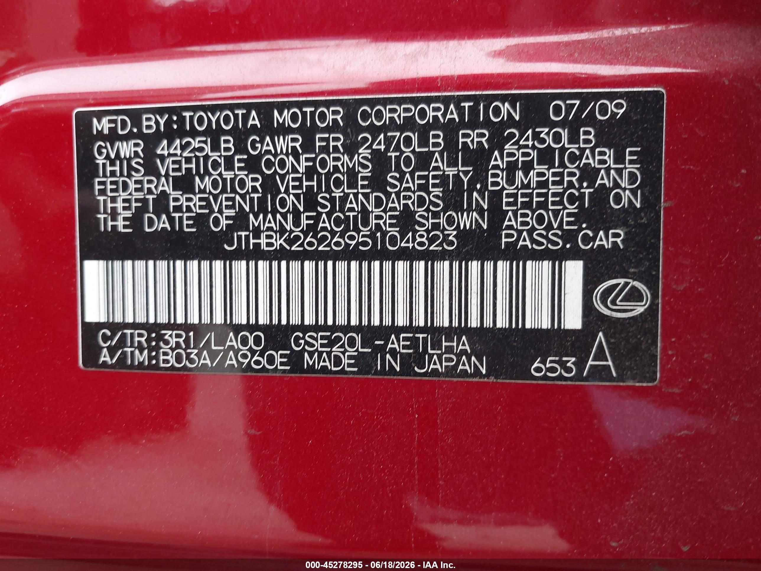 2009 Lexus Is 250   Red vin: JTHBK262695104823