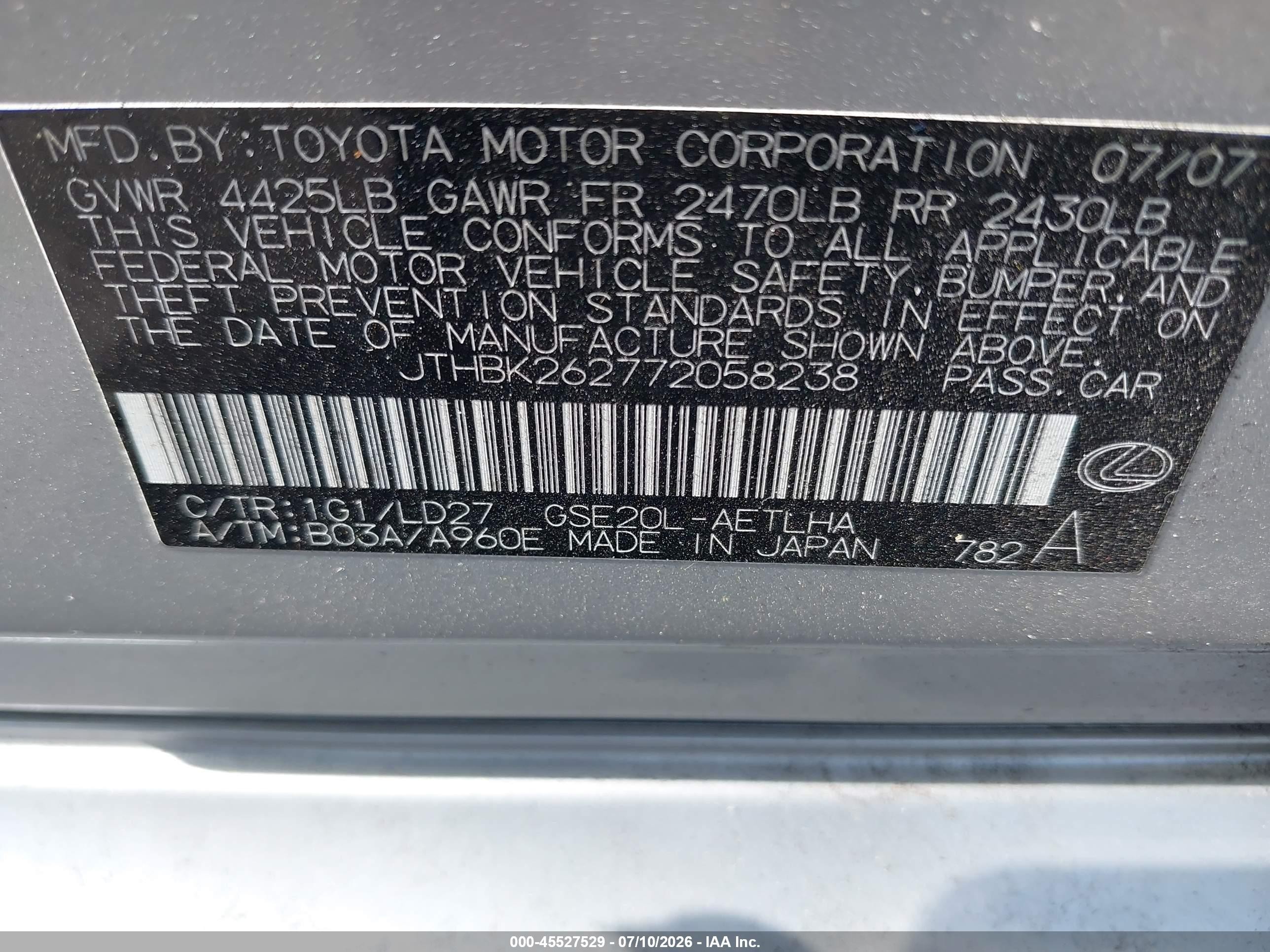2007 Lexus Is 250   Silver vin: JTHBK262772058238