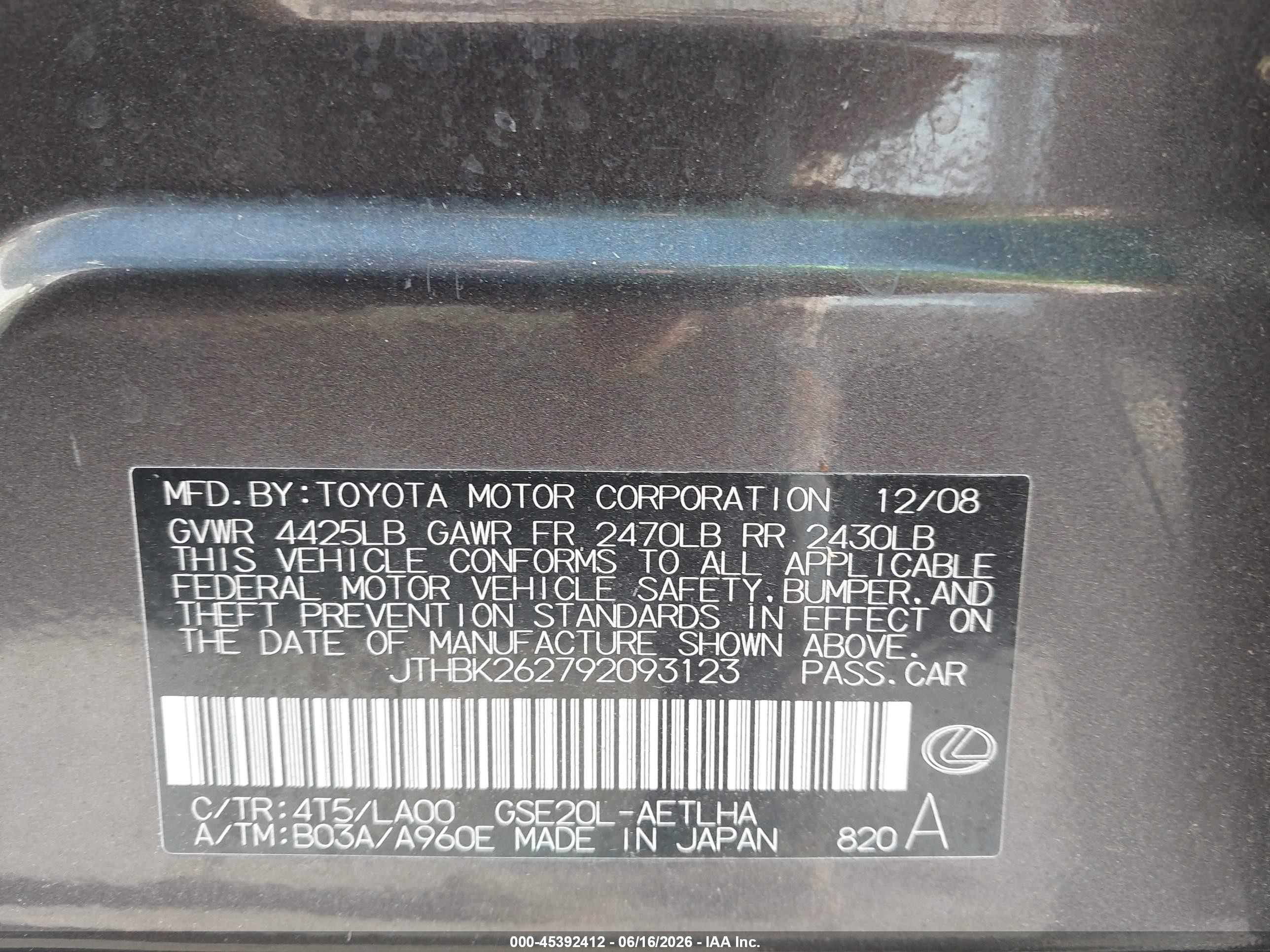 2009 Lexus Is 250   Blue vin: JTHBK262792093123