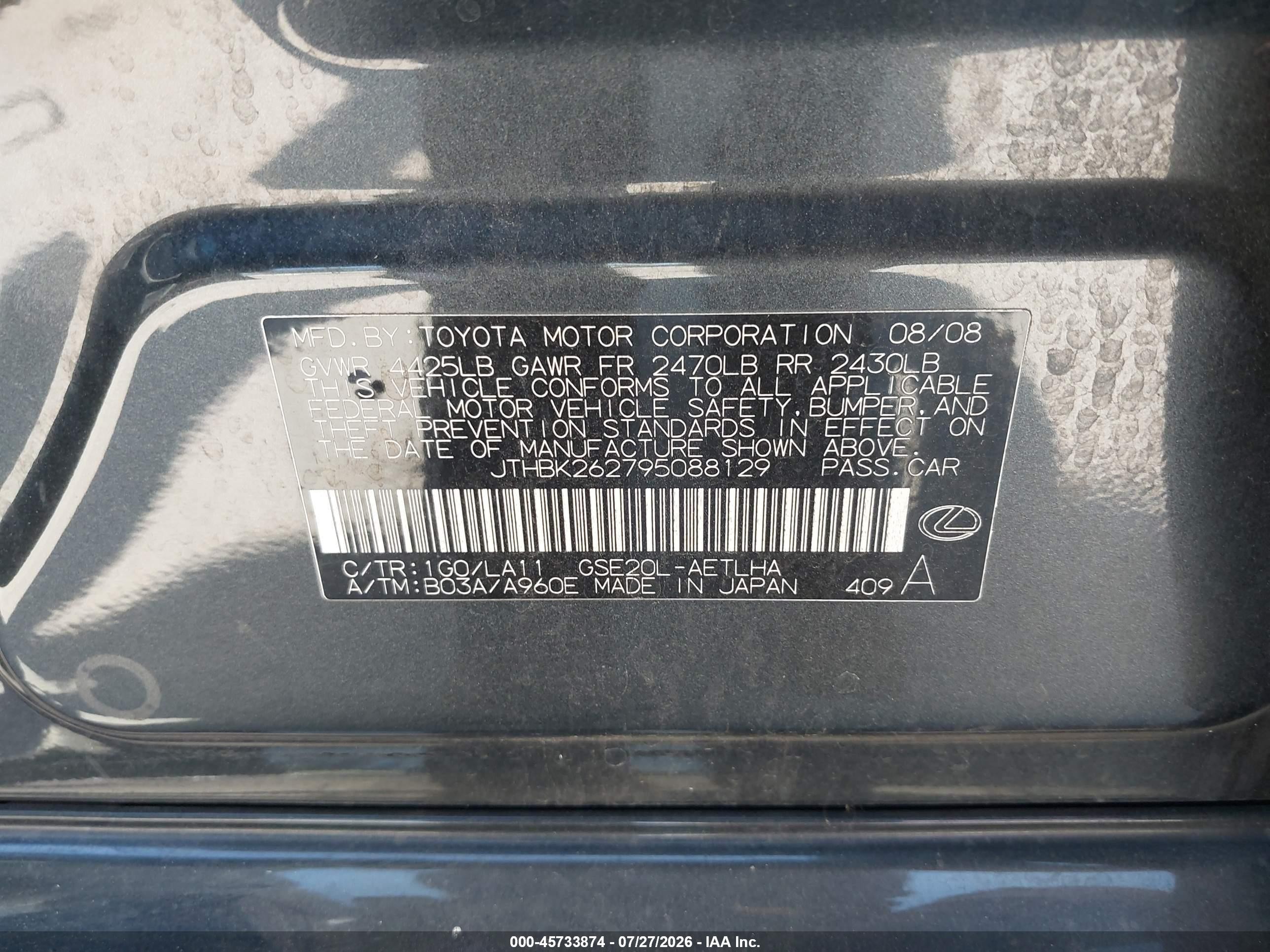 2009 Lexus Is 250   Black vin: JTHBK262795088129