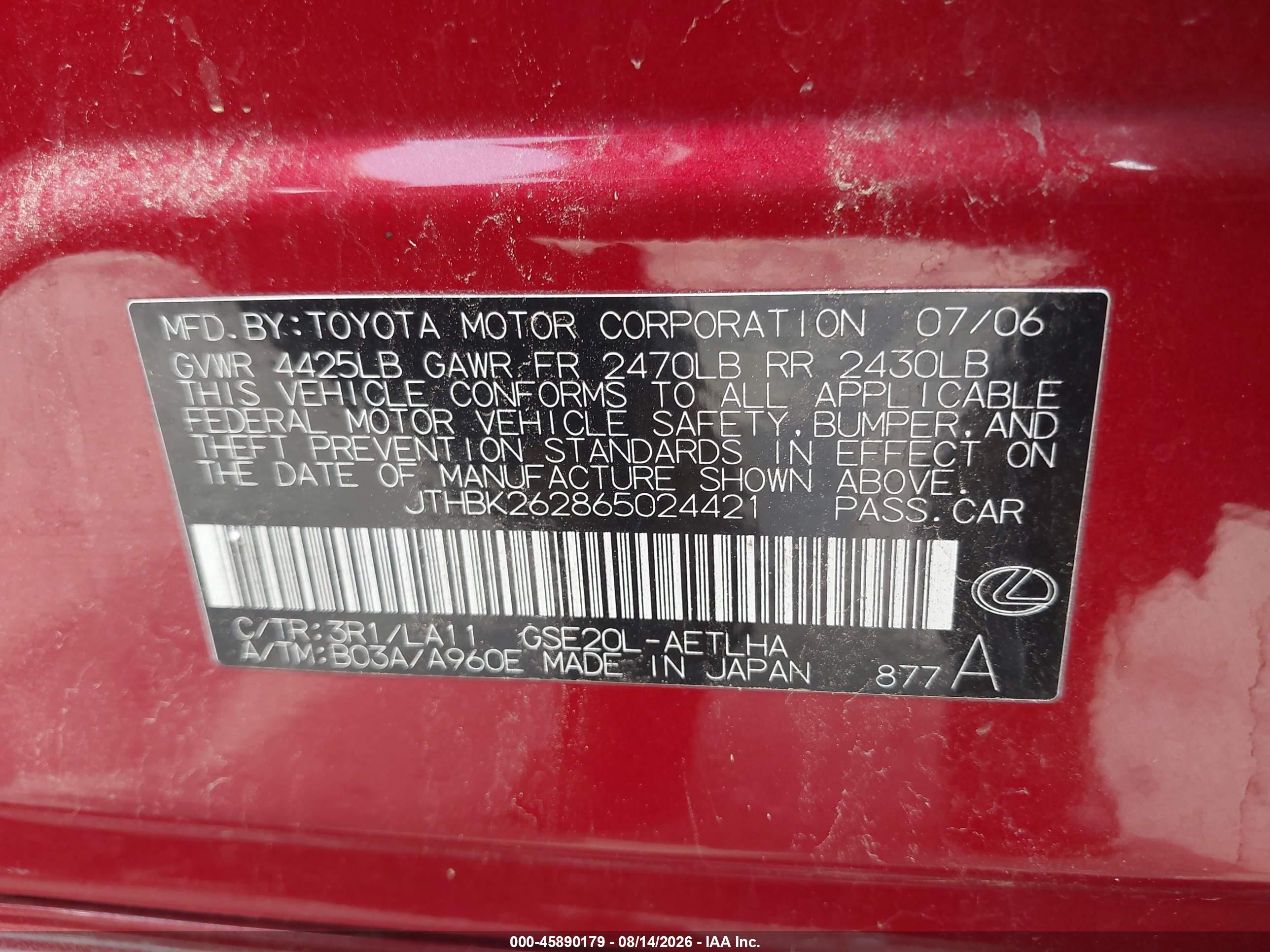 2006 Lexus Is 250   Red vin: JTHBK262865024421