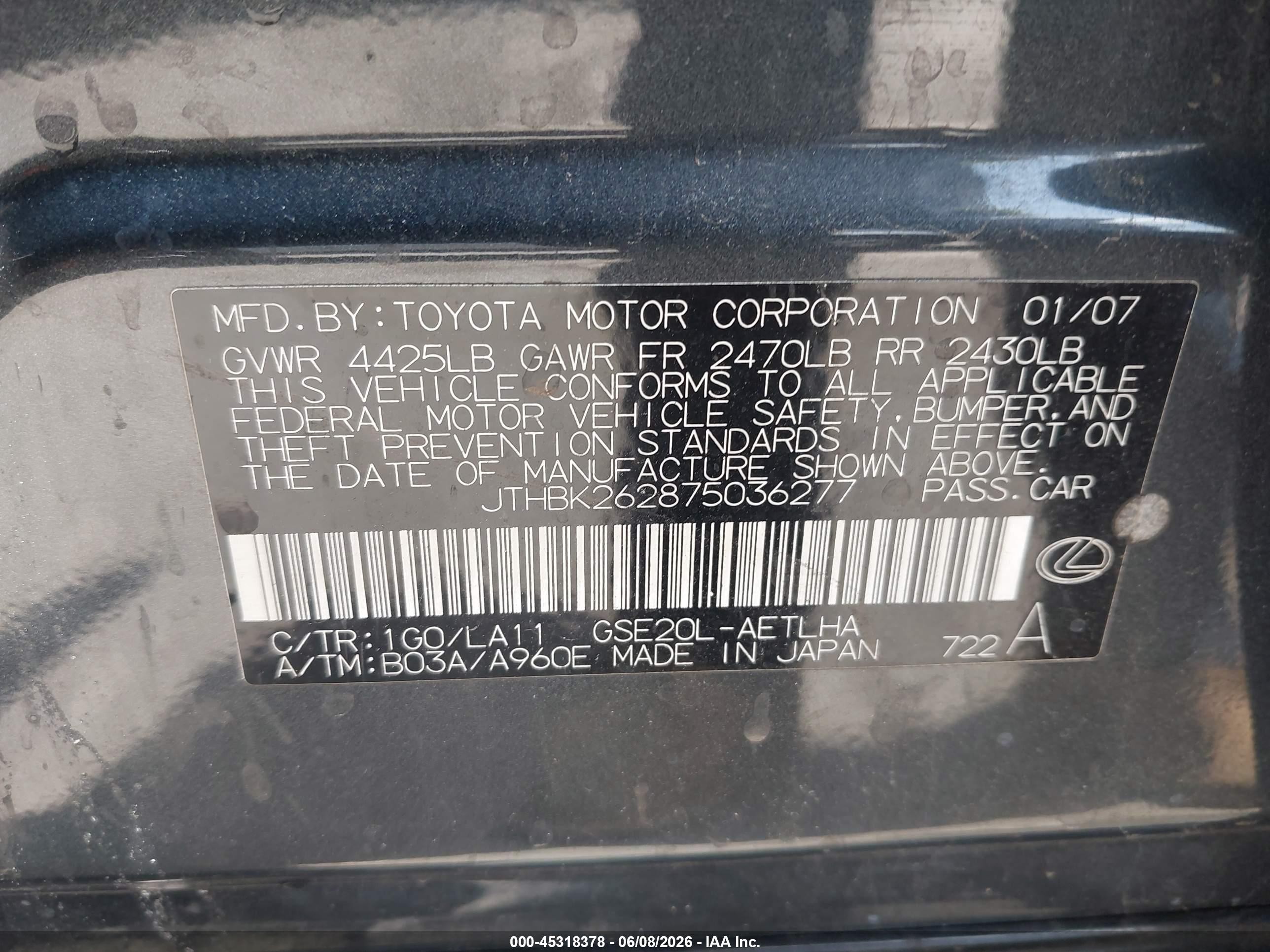2007 Lexus Is 250   Dark Blue vin: JTHBK262875036277
