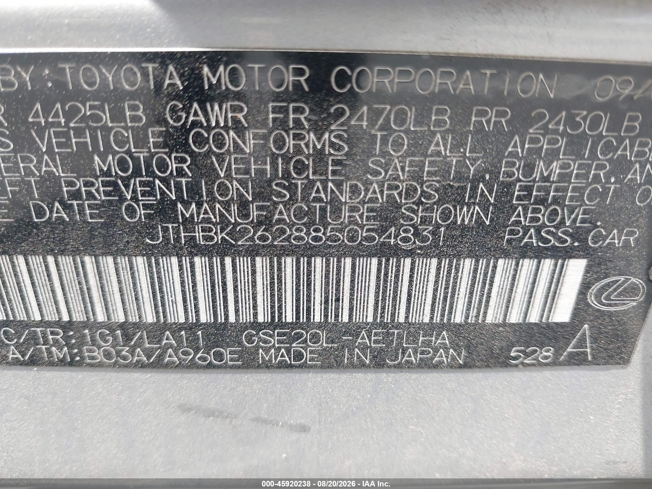 2008 Lexus Is 250   Silver vin: JTHBK262885054831