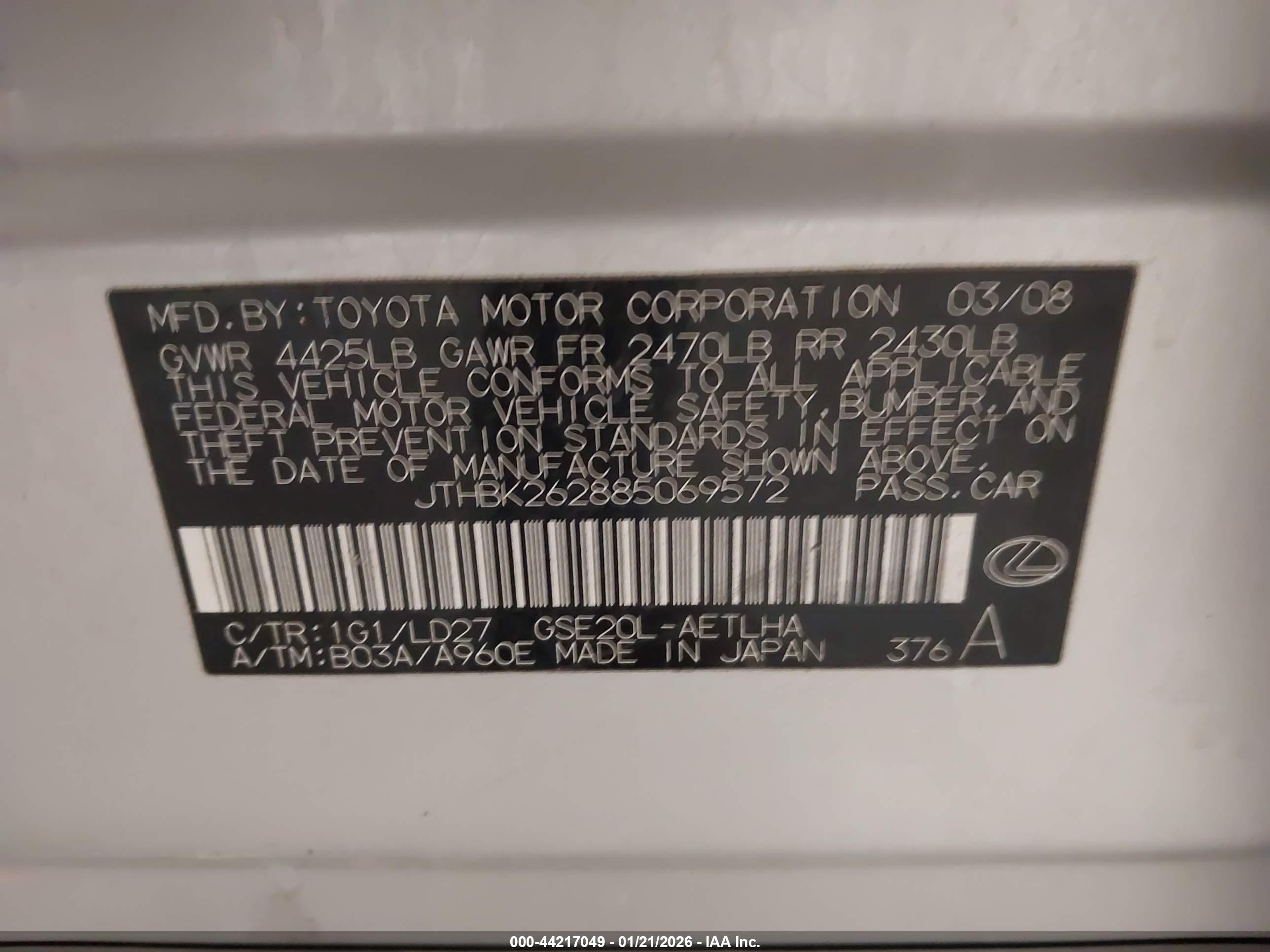 2008 Lexus Is 250   Silver vin: JTHBK262885069572
