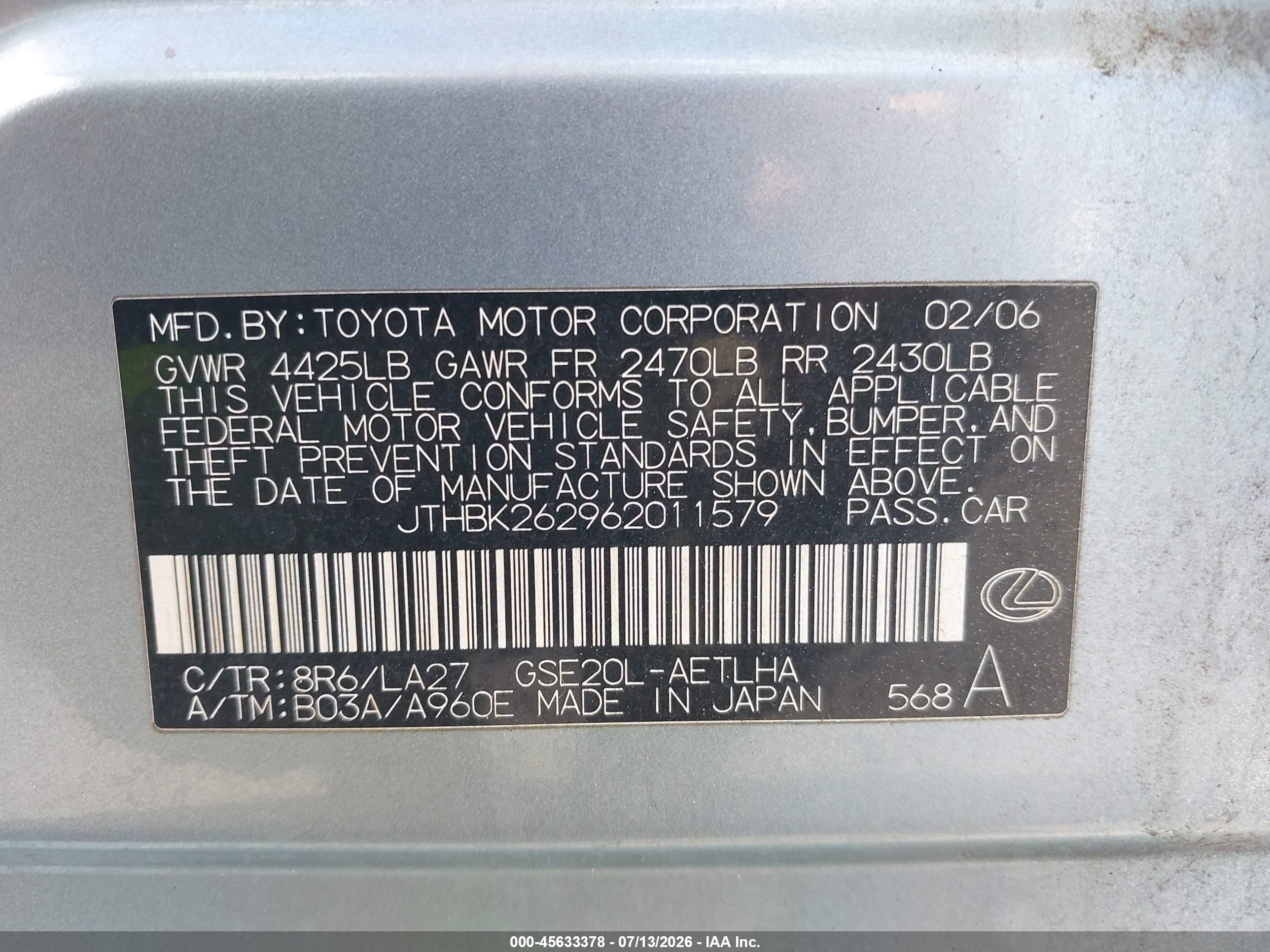 2006 Lexus Is 250   White vin: JTHBK262962011579