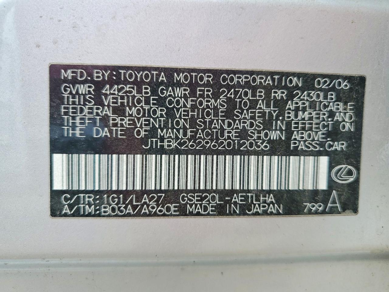 2006 Lexus Is 250 Silver vin: JTHBK262962012036