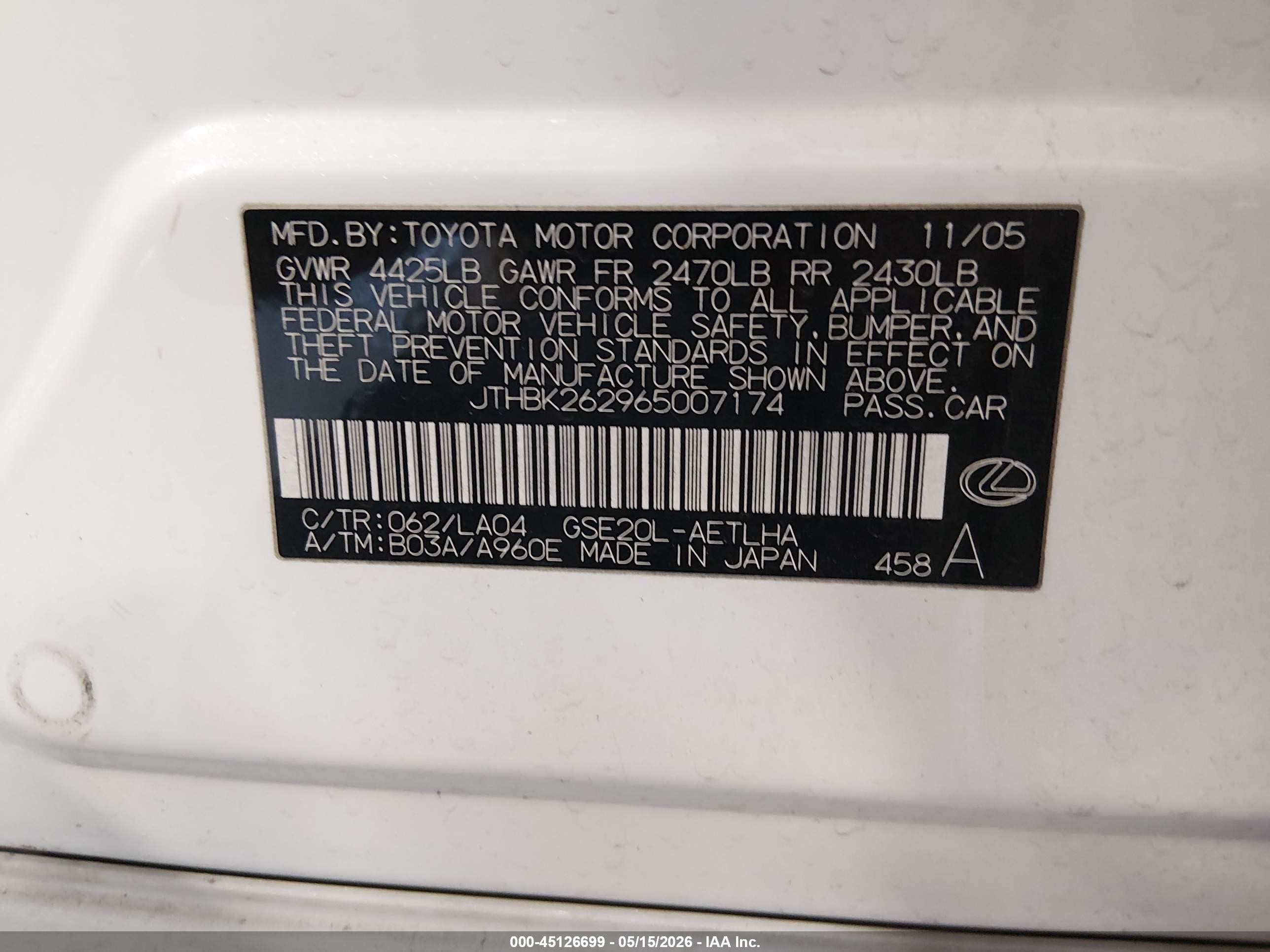 2006 Lexus Is 250 White vin: JTHBK262965007174