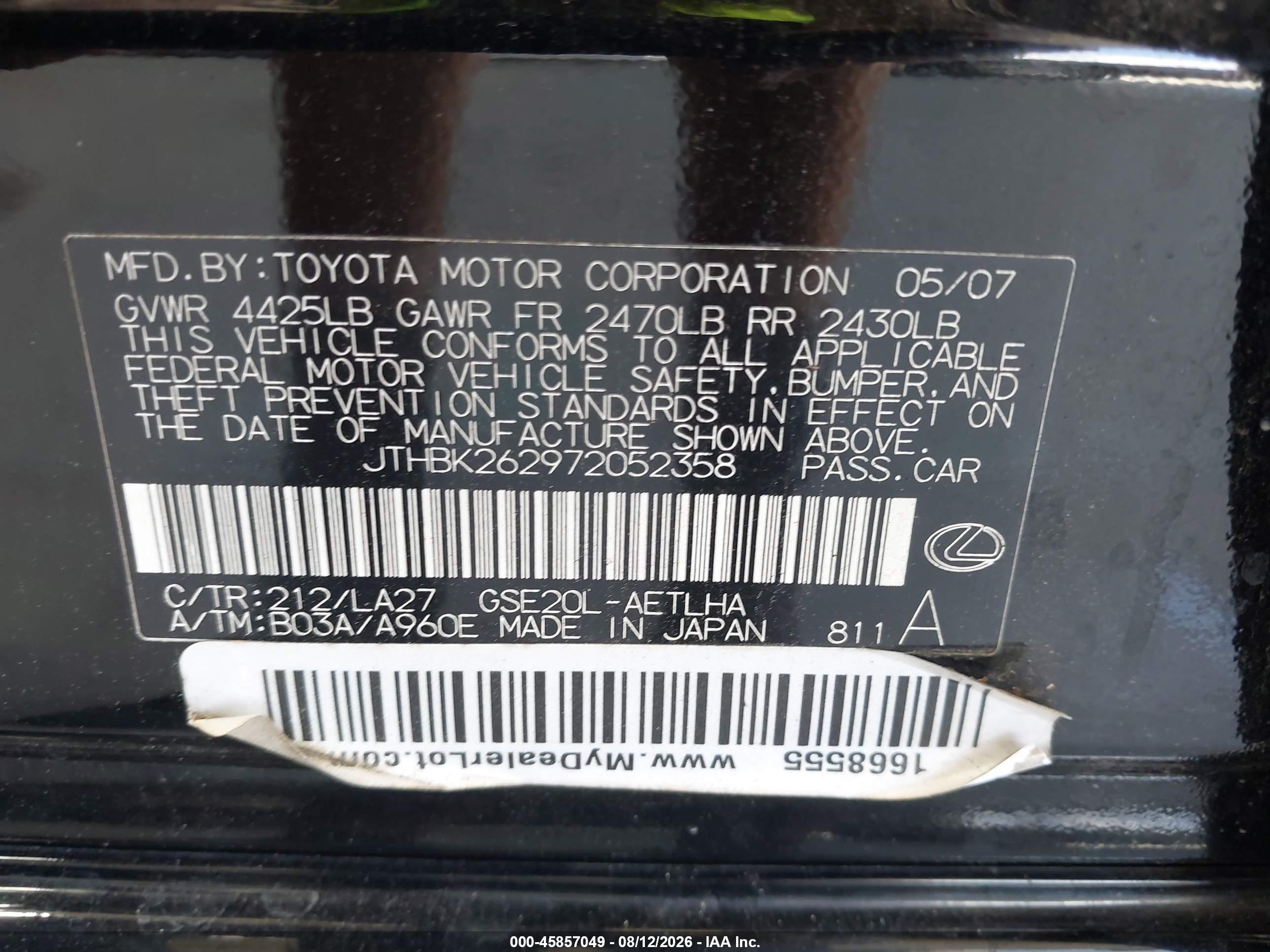 2007 Lexus Is 250   Black vin: JTHBK262972052358