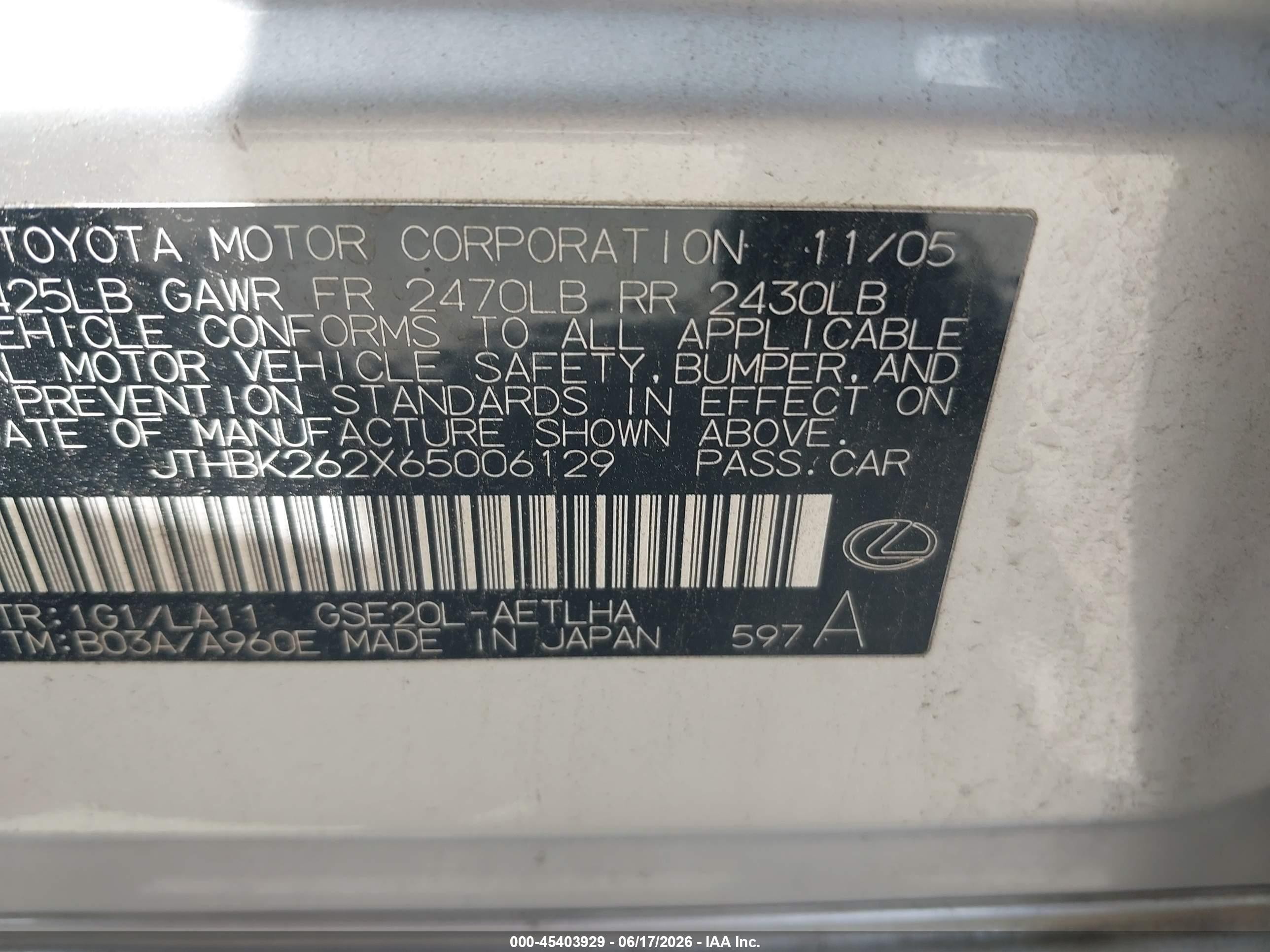 2006 Lexus Is 250   Gray vin: JTHBK262X65006129