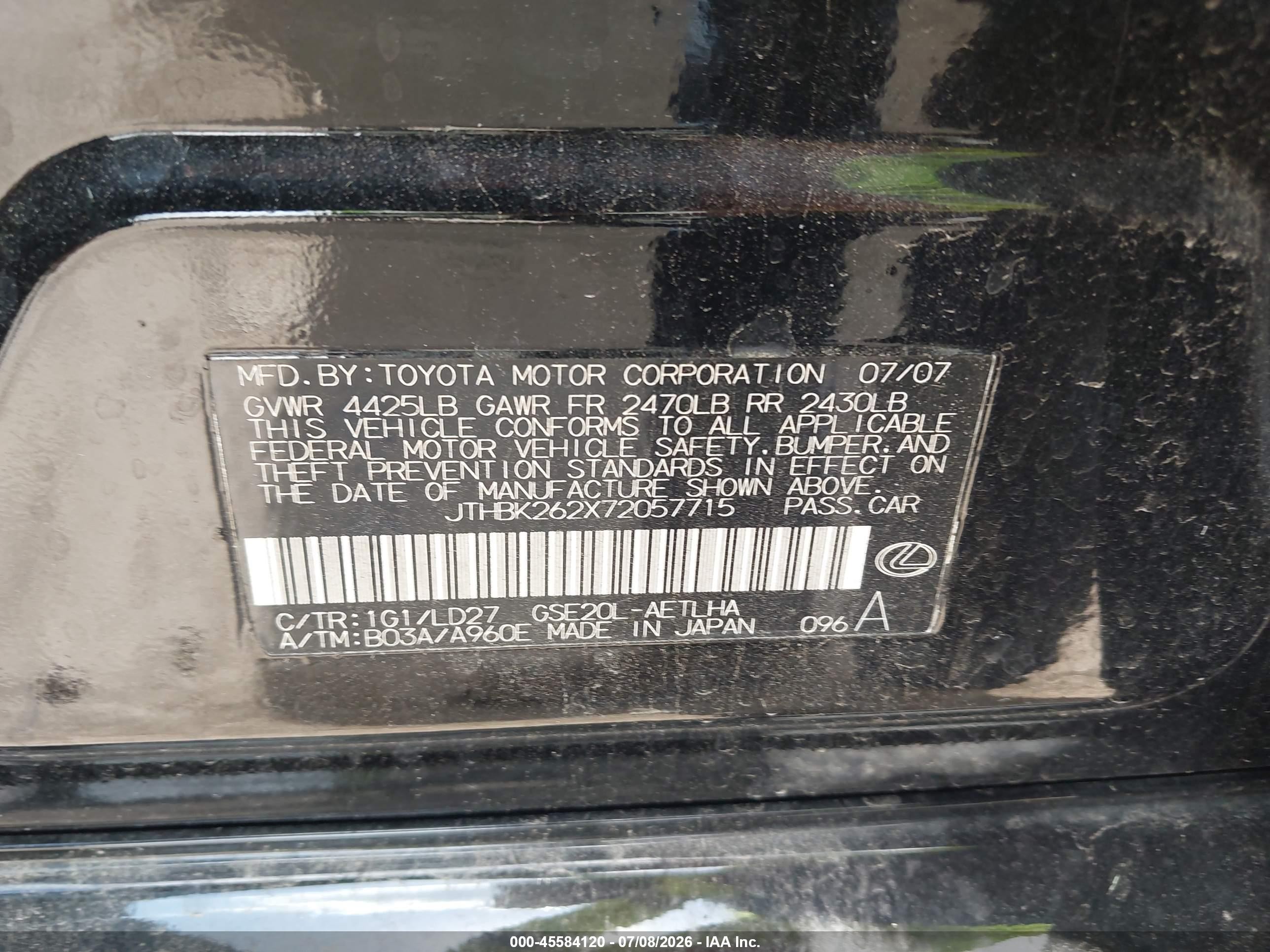 2007 Lexus Is 250   Black vin: JTHBK262X72057715