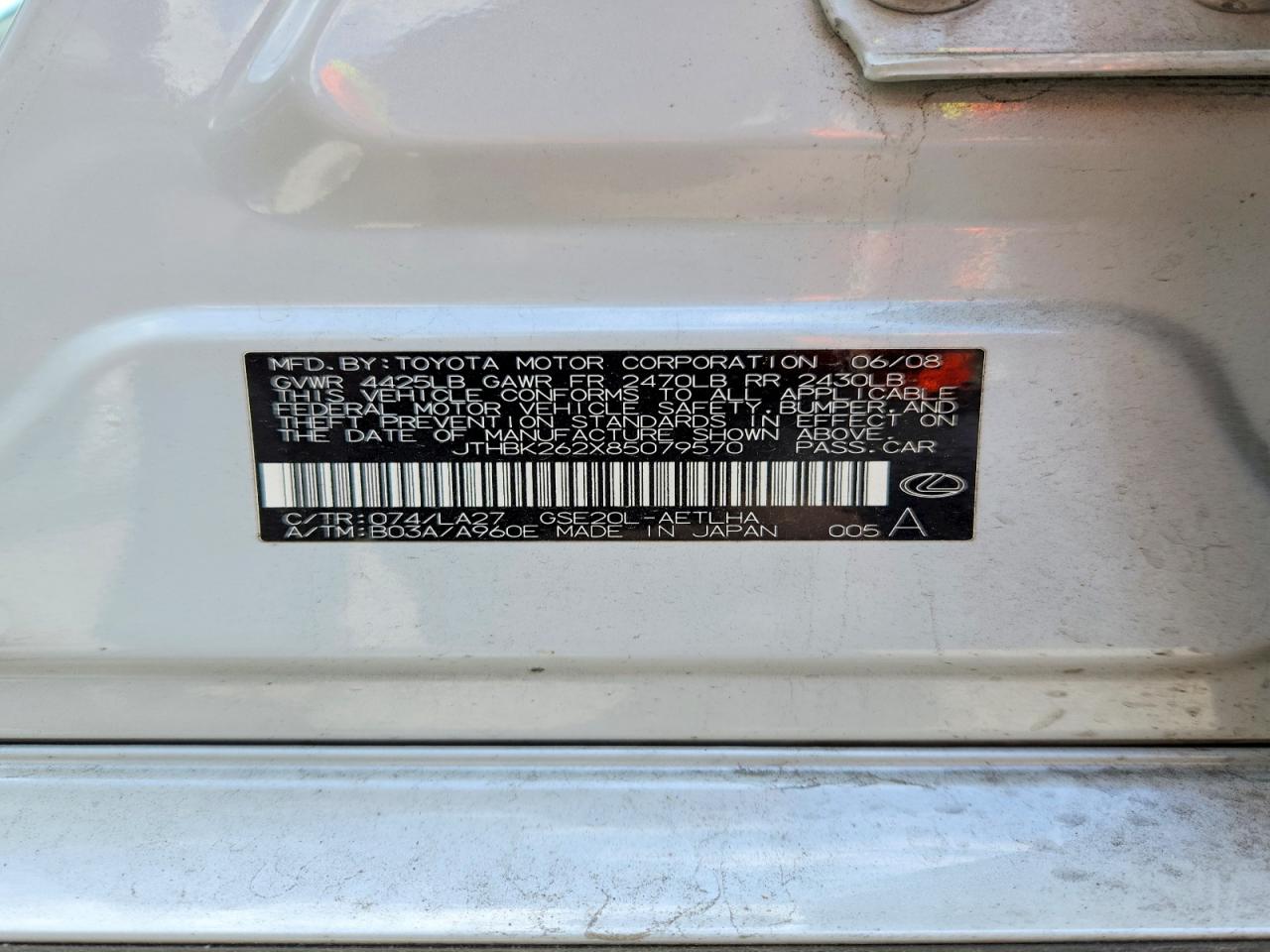 2008 Lexus Is 250 Silver vin: JTHBK262X85079570