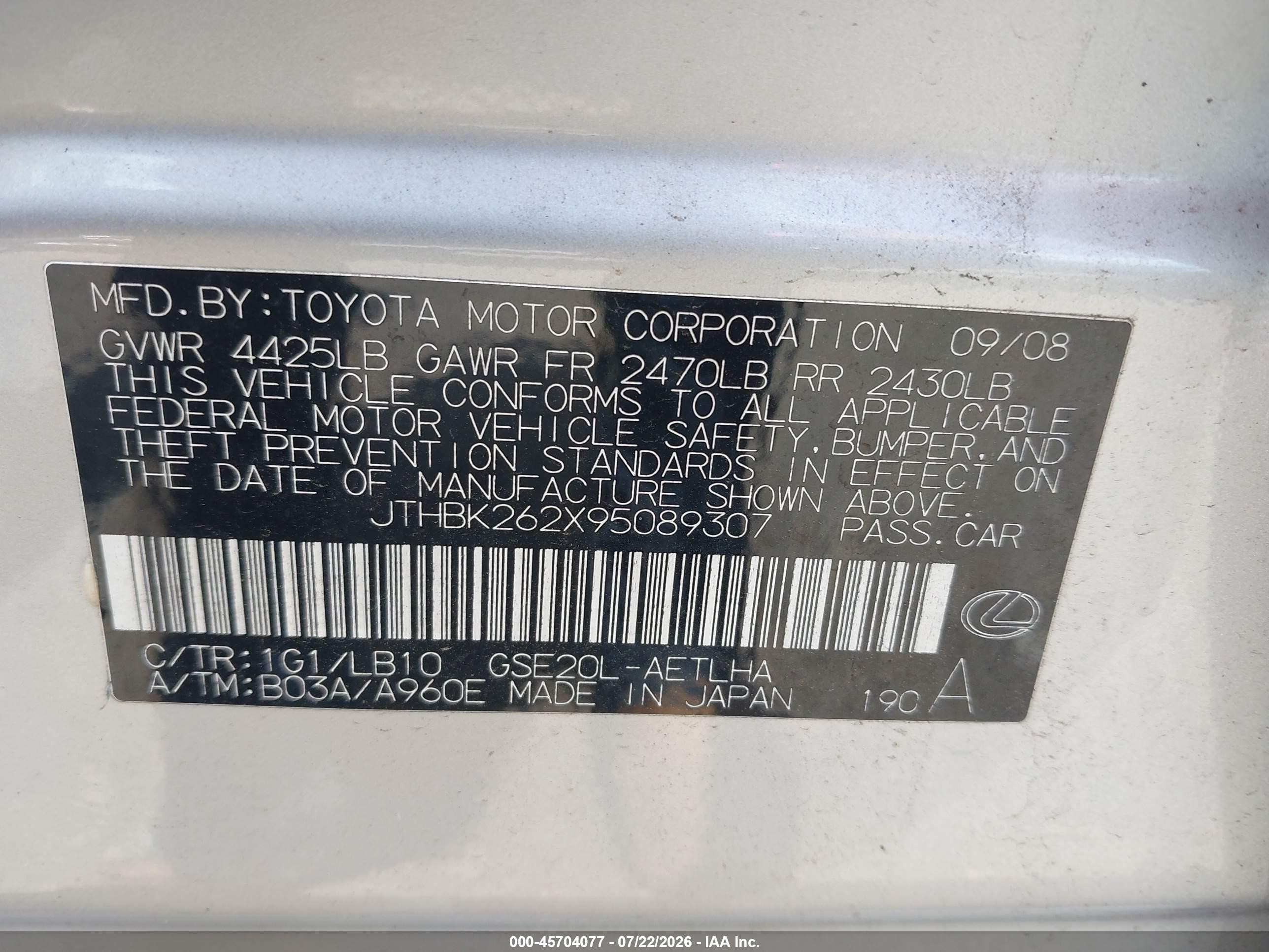 2009 Lexus Is 250   Silver vin: JTHBK262X95089307