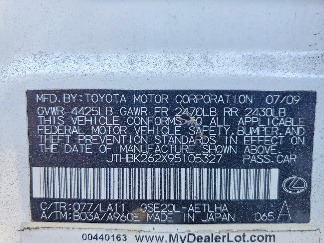 2009 Lexus Is 250 Base White vin: JTHBK262X95105327