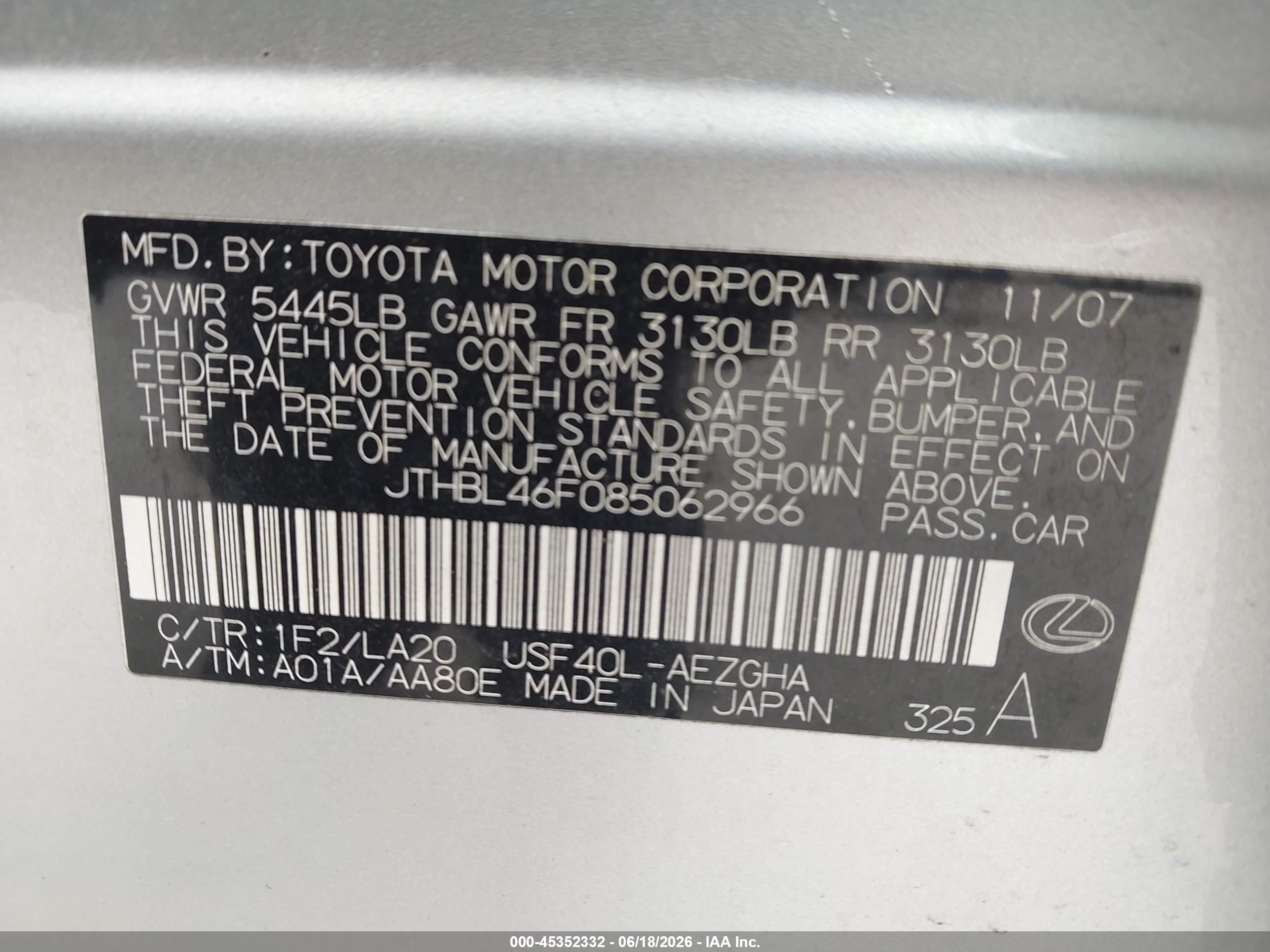 2008 Lexus Ls 460   Silver vin: JTHBL46F085062966