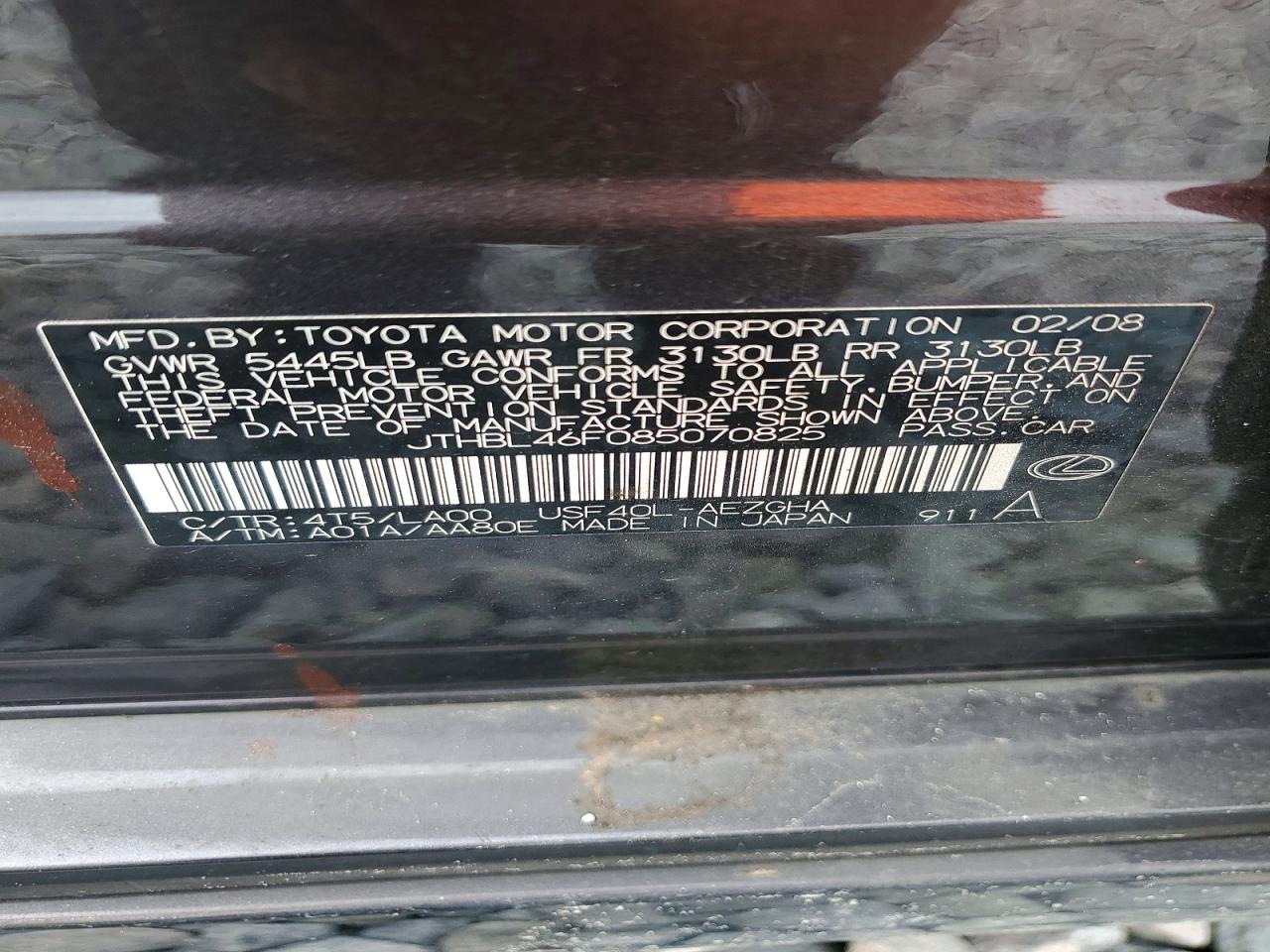 2008 Lexus Ls 460 Charcoal vin: JTHBL46F085070825
