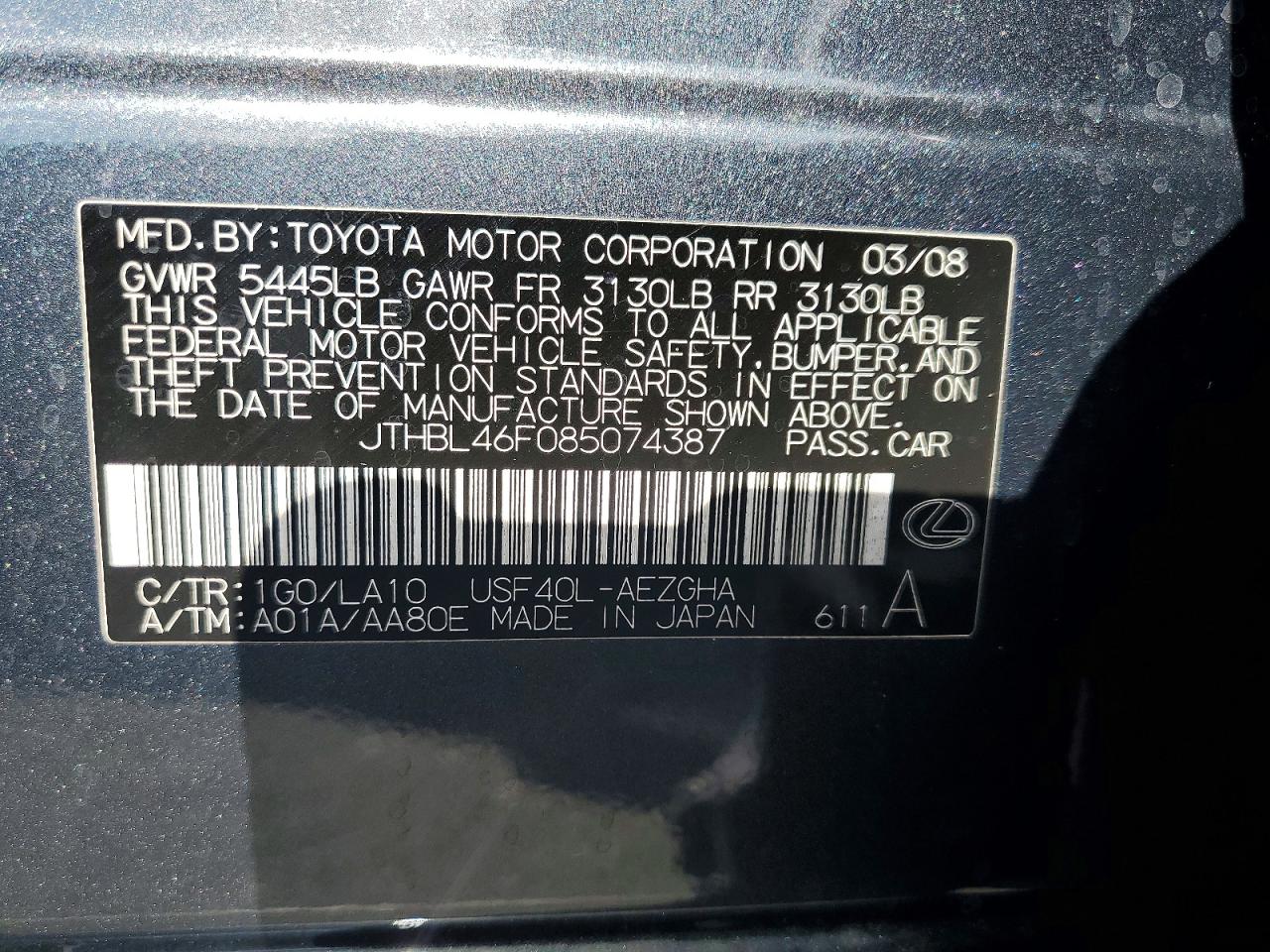 2008 Lexus Ls 460 Charcoal vin: JTHBL46F085074387