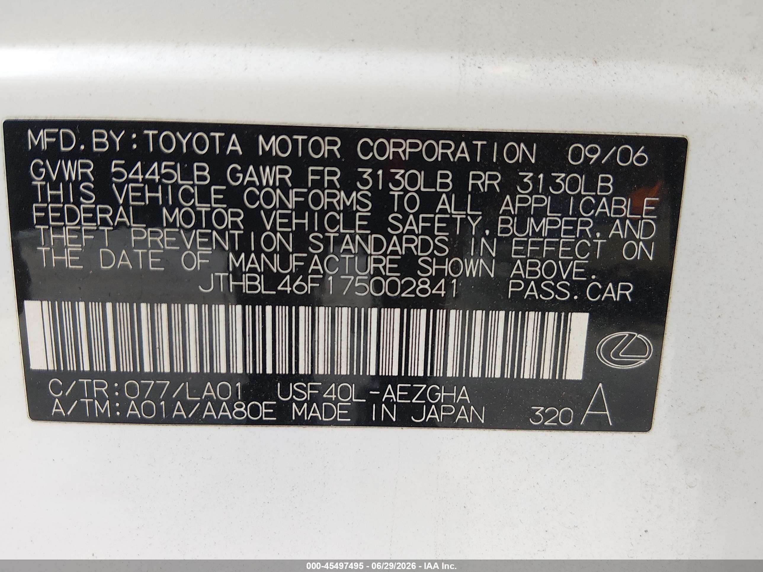 2007 Lexus Ls 460   Black vin: JTHBL46F175002841