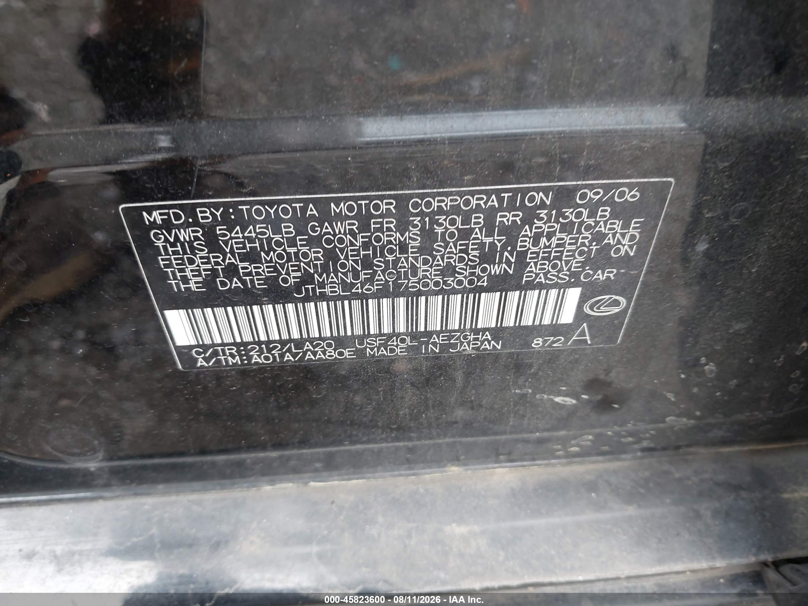 2007 Lexus Ls 460   Black vin: JTHBL46F175003004