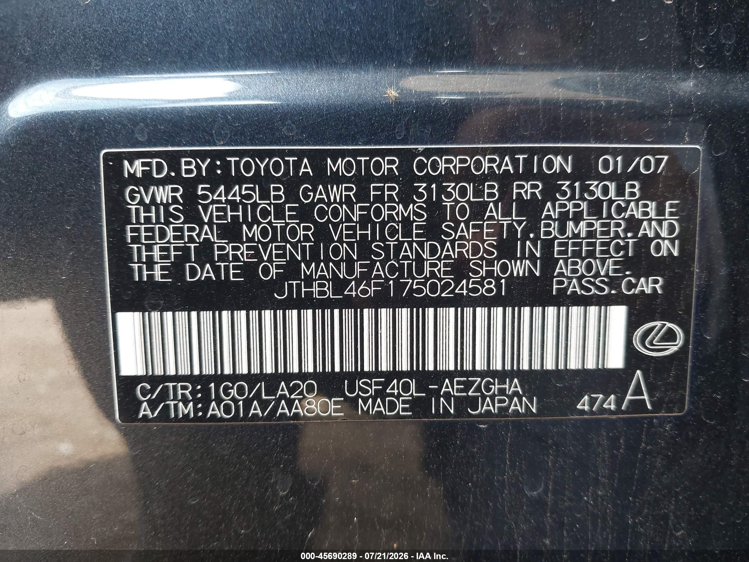 2007 Lexus Ls 460   Black vin: JTHBL46F175024581