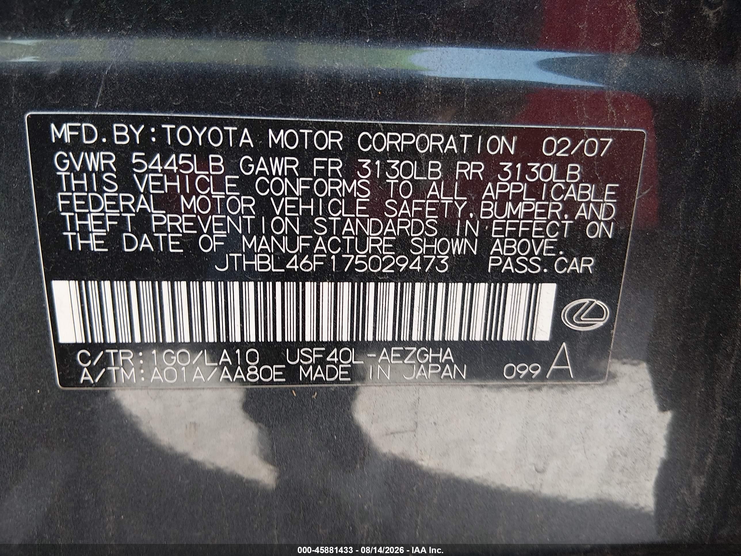 2007 Lexus Ls 460   Black vin: JTHBL46F175029473