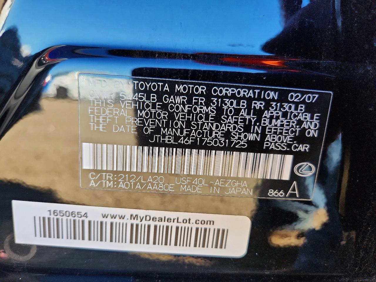 2007 Lexus Ls 460 Black vin: JTHBL46F175031725