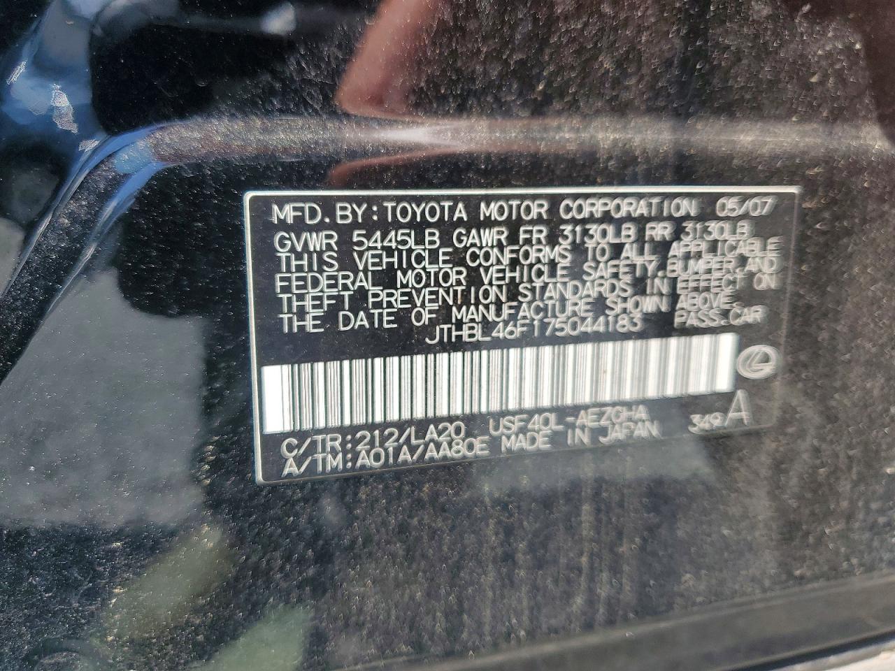 2007 Lexus Ls 460 Black vin: JTHBL46F175044183